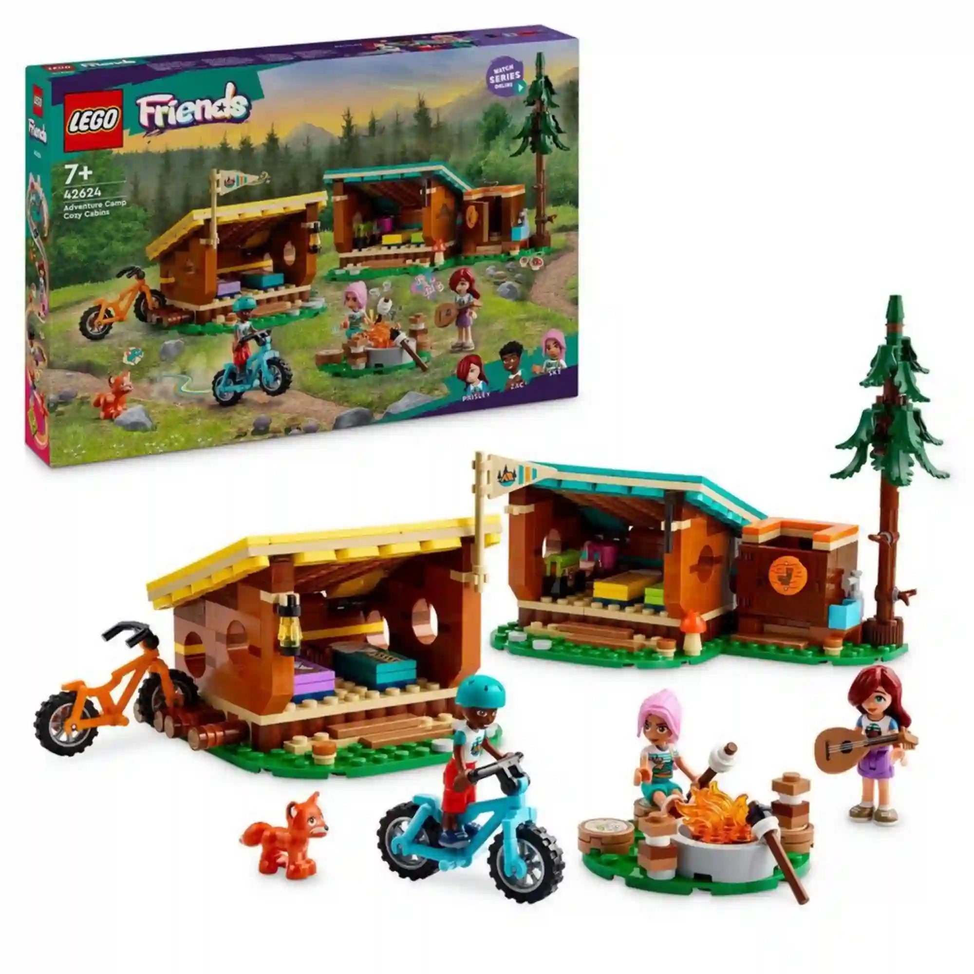 LEGO Friends 42624 készlet doboza és megépített modellje. A fotón a két kabin, a tábortűz, a kerékpárok, a fenyőfa, Paisley, Zac és Sky figurák, valamint a rókafigura részletesen láthatók.