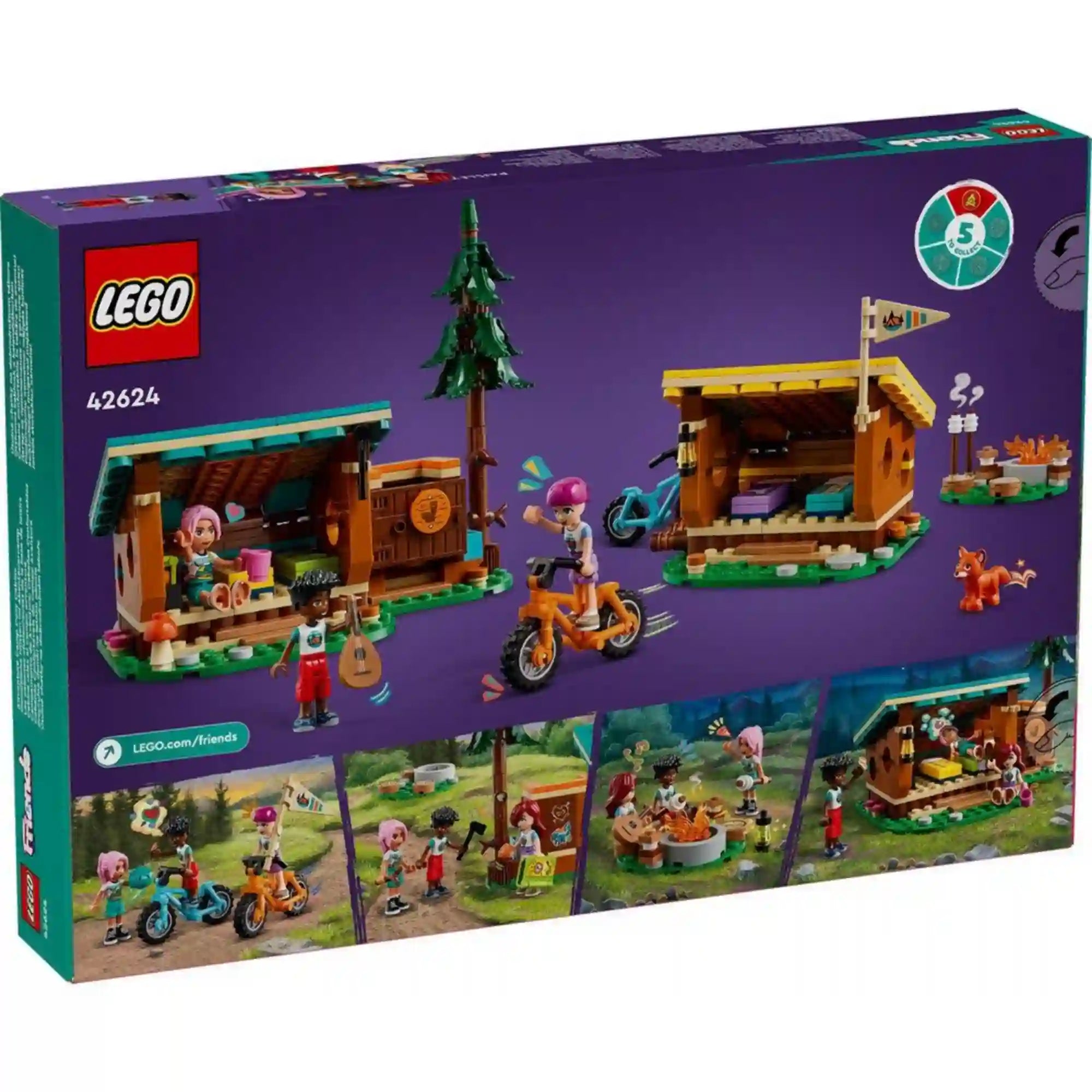 LEGO Friends Otthonos kabinok a kalandtáborban készlet hátoldala. A doboz hátlapja bemutatja a faházak belső tereit, a kerékpáros kalandokat, a tábortűz körüli jeleneteket és a szerepjáték lehetőségeit.