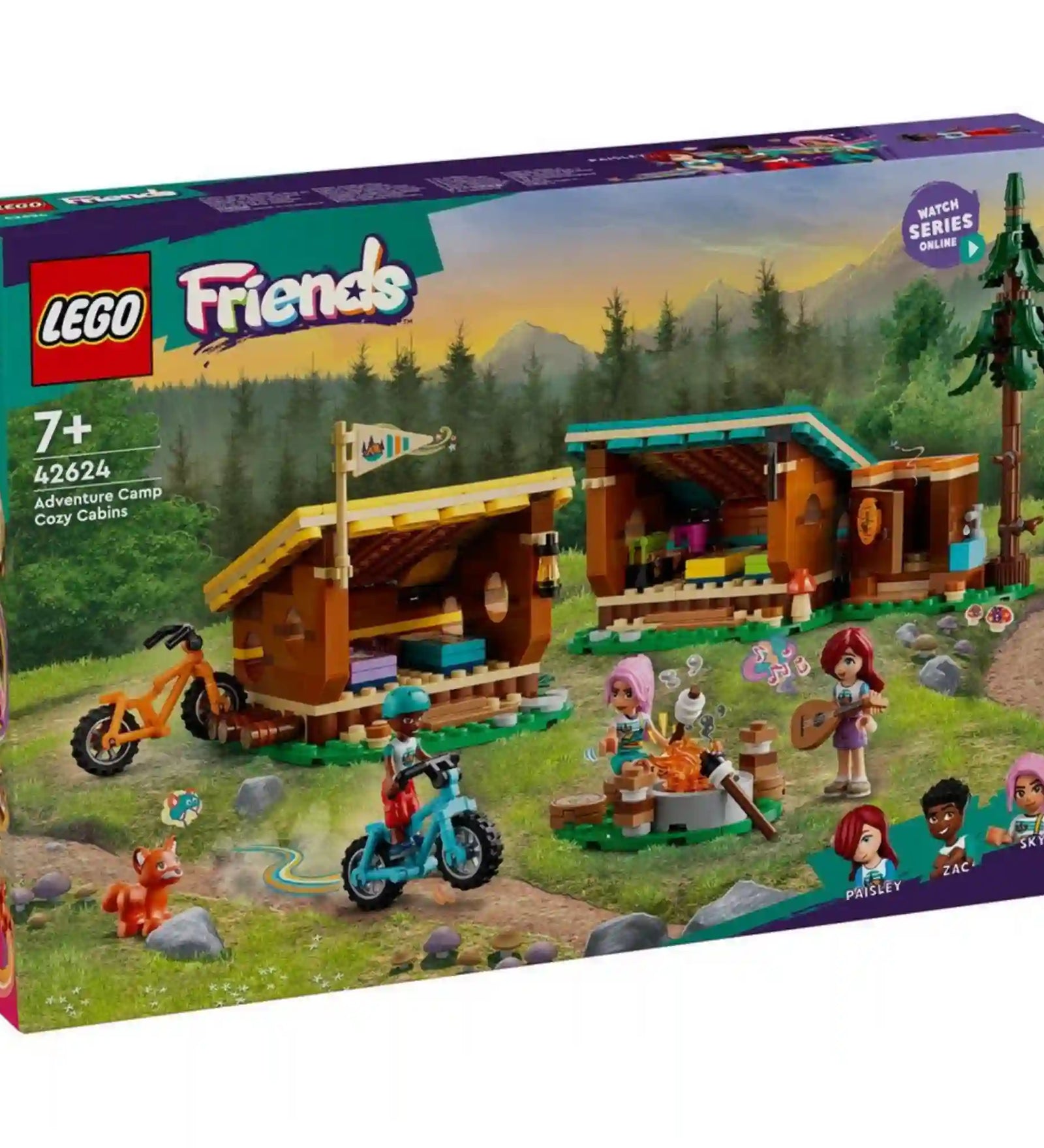 LEGO Friends Otthonos kabinok a kalandtáborban (42624) készlet dobozképe. A képen két hangulatos faház, tábortűz, kerékpárok, három LEGO Friends figura és egy róka látható hegyvidéki erdei környezetben.