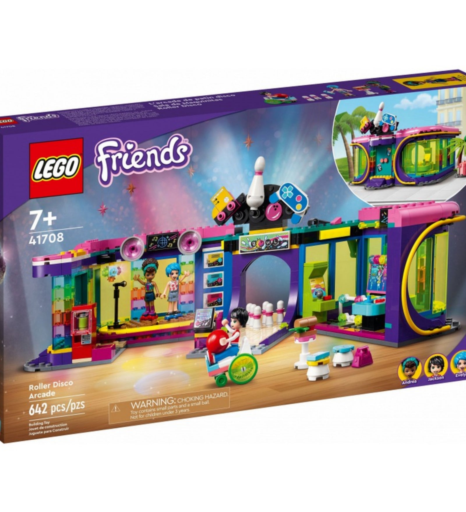 LEGO Friends 41708 Roller Disco Arcade – a hivatalos dobozkép, melyen a 642 darabos szett színes és részletgazdag modellje látható. A doboz bal felső sarkában 7+ korosztályi ajánlás, míg alul a darabszám és a készlet neve szerepel. A csomagoláson a három minifigura is bemutatásra kerül: Andrea, Jackson és Evelyn.