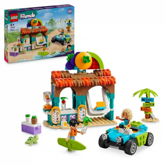 LEGO Friends Smoothie stand a strandon (42625) készlet doboza és megépített modellje. A képen a smoothie stand, a strandautó, a szörfdeszka, a teknősfigura és a két LEGO Friends karakter részletesen látható.