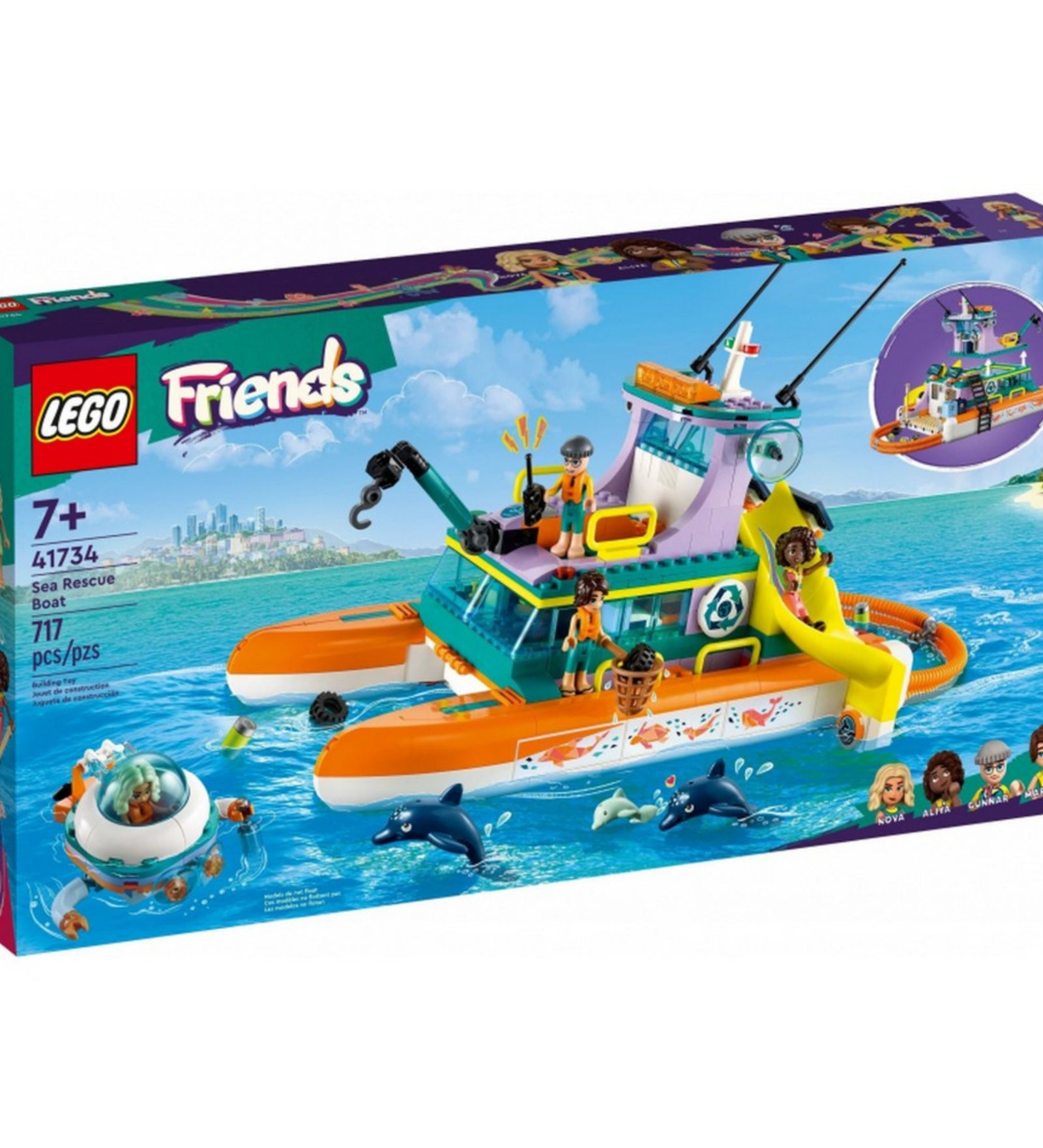 LEGO Friends 41734 Tengeri mentőhajó – hivatalos dobozkép, 717 darabos készletként feltüntetve, 7+ korosztályi ajánlással. A csomagoláson a hajó fedélzete, a minifigurák, teknősök és a mentőeszközök egyaránt láthatók.