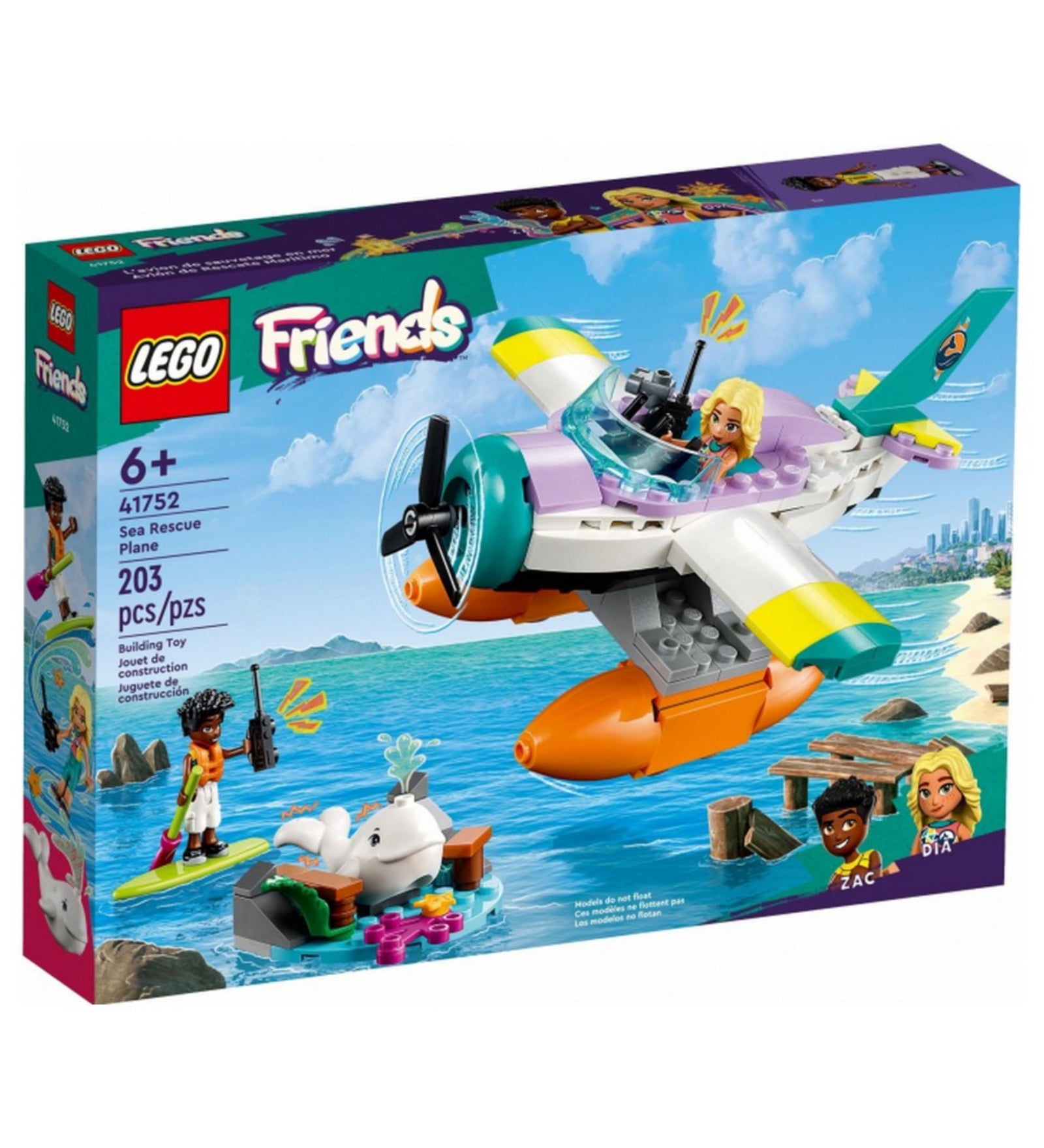 LEGO Friends 41752 Sea Rescue Plane – hivatalos dobozkép, amely bemutatja a 203 darabos készletet, 6 éves kortól. A csomagoláson a repülő lebeg a tenger felett, míg Dia és Zac a kis bálna megmentésén dolgoznak. A háttérben trópusi tengerpart és városi panoráma látható.