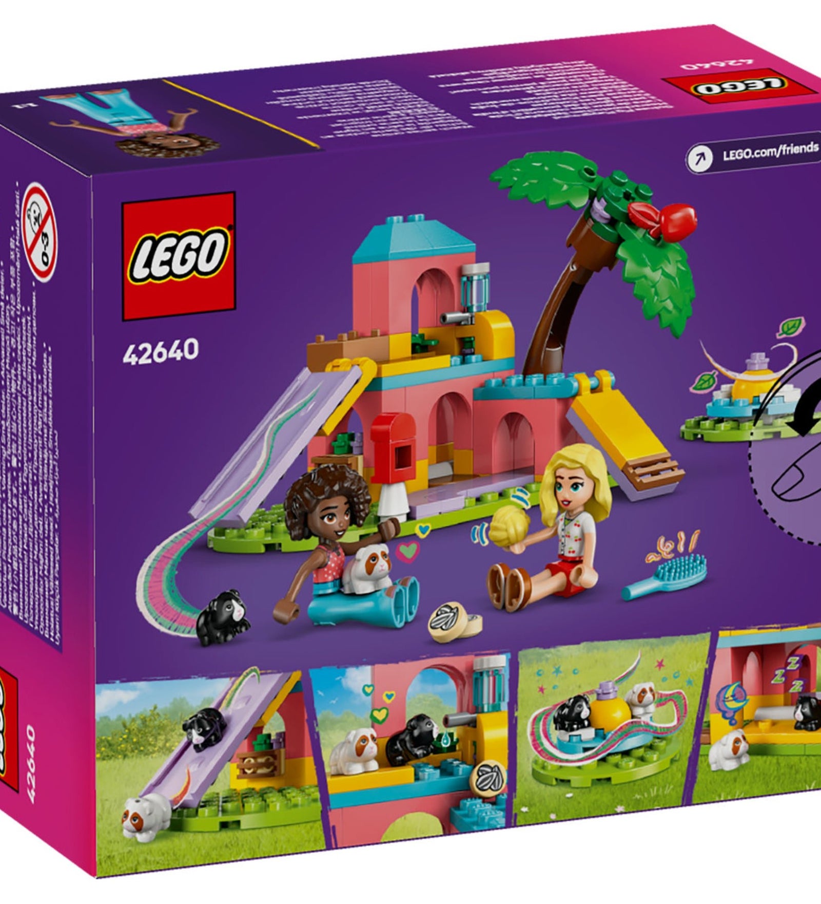 A LEGO Friends Tengerimalac Játszótér 42640 szett hátoldala, amelyen Aliya és Matilde minifigurák játszanak Ruby és Lucky tengerimalacokkal a színes játszótéren. Látható a csúszda, a carusel, az etetőállomás és a pihenőhely, valamint a készlet tartozékai, például a kefe és a napraforgómag.