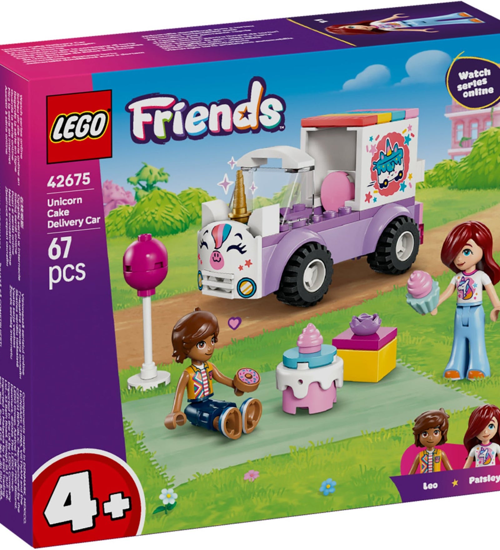 LEGO Friends Unicorn Cake Delivery Car (42675) elölnézeti dobozkép, 4+ korosztály, 67 darabos készlet.