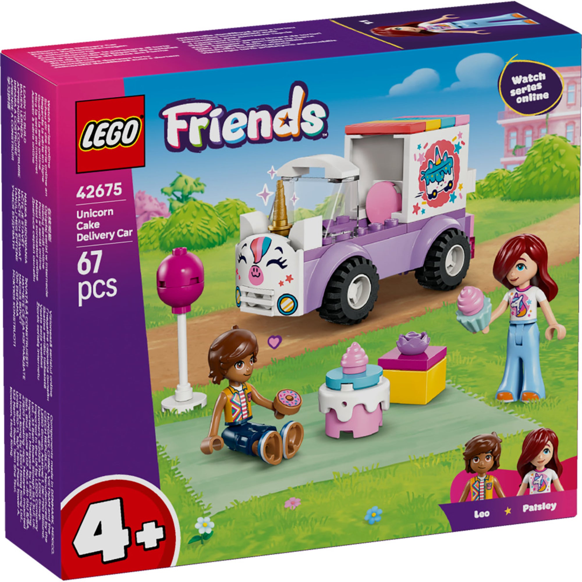 LEGO Friends Unicorn Cake Delivery Car (42675) elölnézeti dobozkép, 4+ korosztály, 67 darabos készlet.