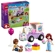LEGO Friends Unicorn Cake Delivery Car (42675) doboz és megépített fagylaltos autó Leo és Paisley minifigurákkal.