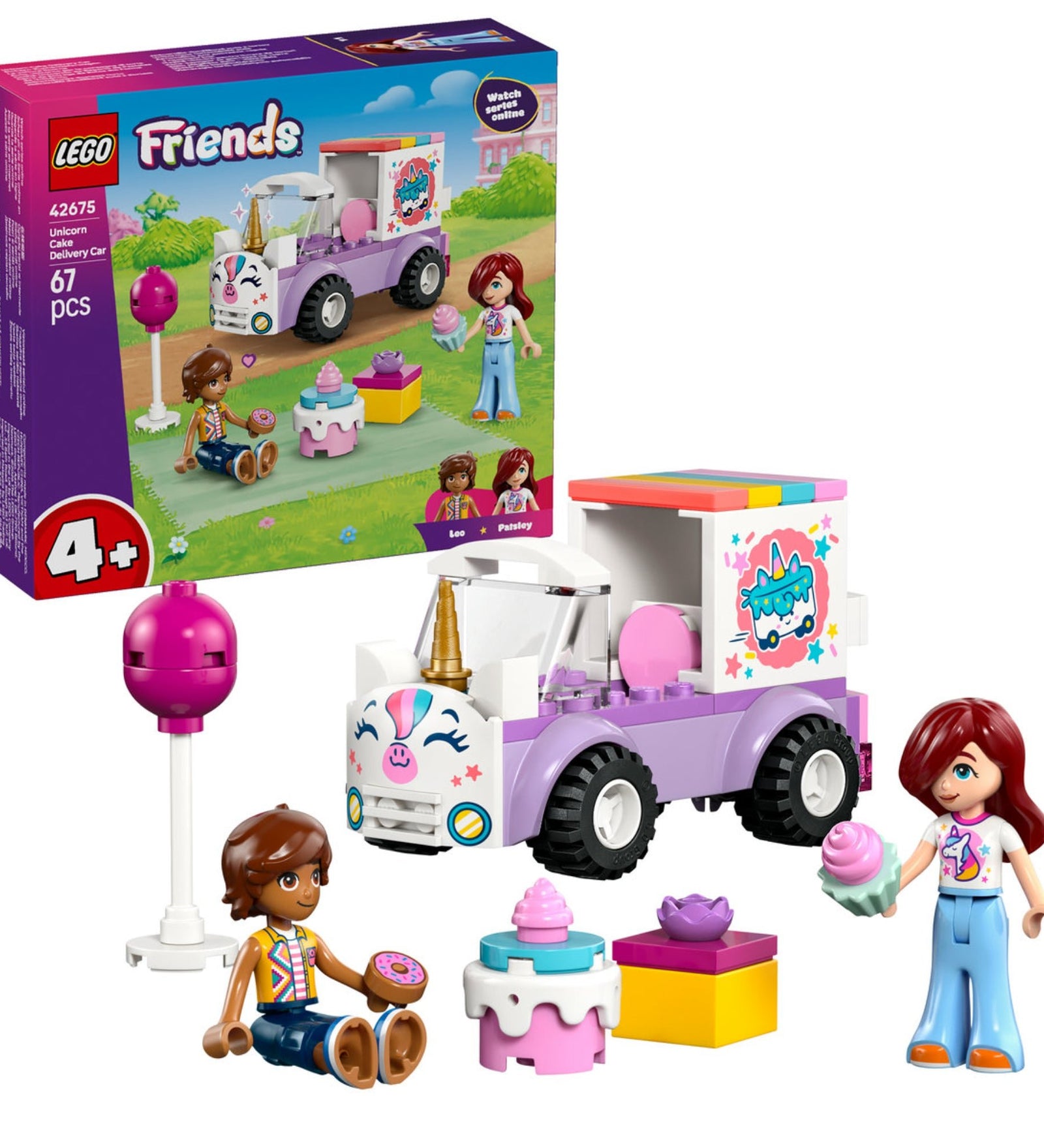 LEGO Friends Unicorn Cake Delivery Car (42675) doboz és megépített fagylaltos autó Leo és Paisley minifigurákkal.