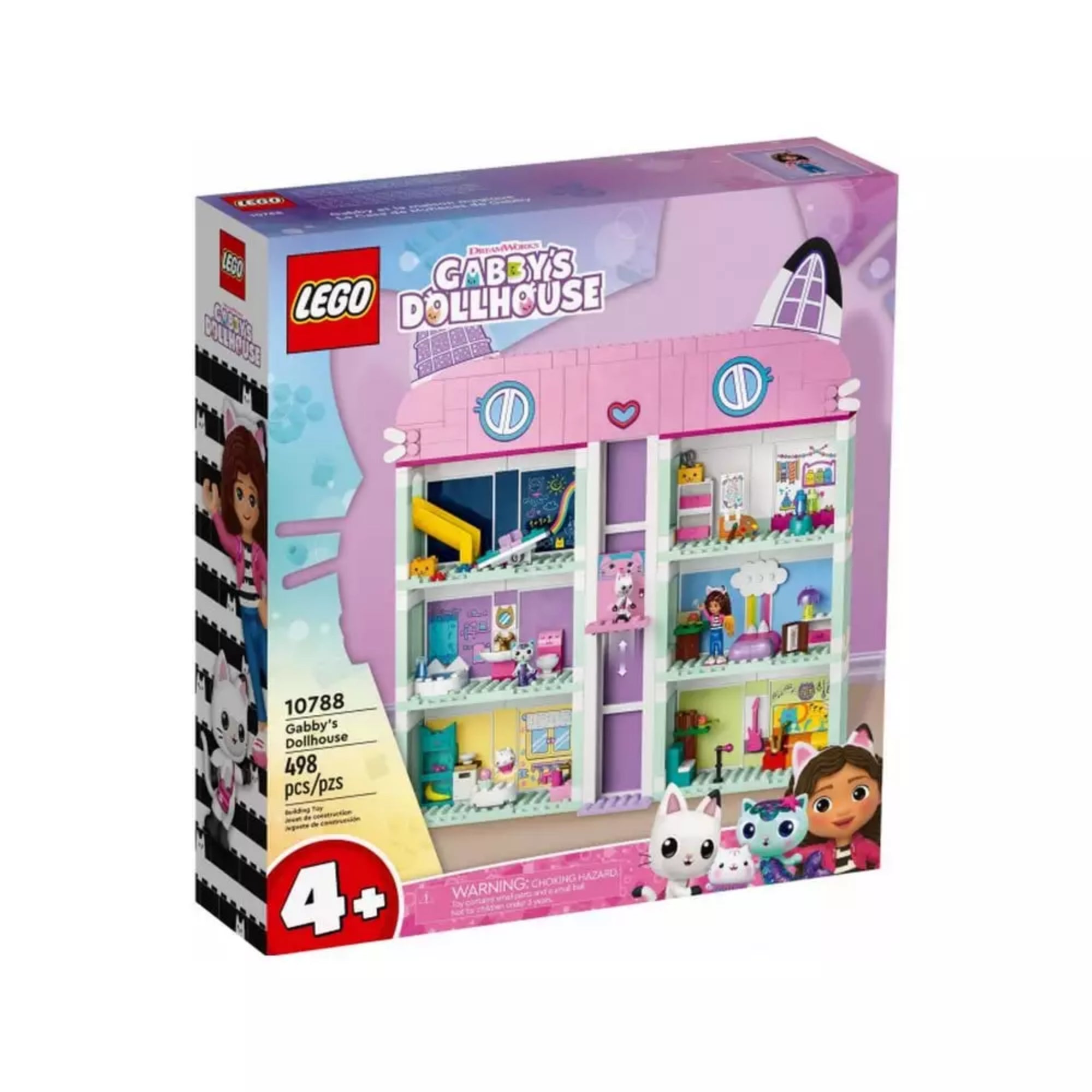 LEGO Gabby babaháza (10788) készlet dobozának elülső oldala, rajta a felépített babaház színes szobákkal és szereplőkkel, 4+ korosztály jelöléssel.