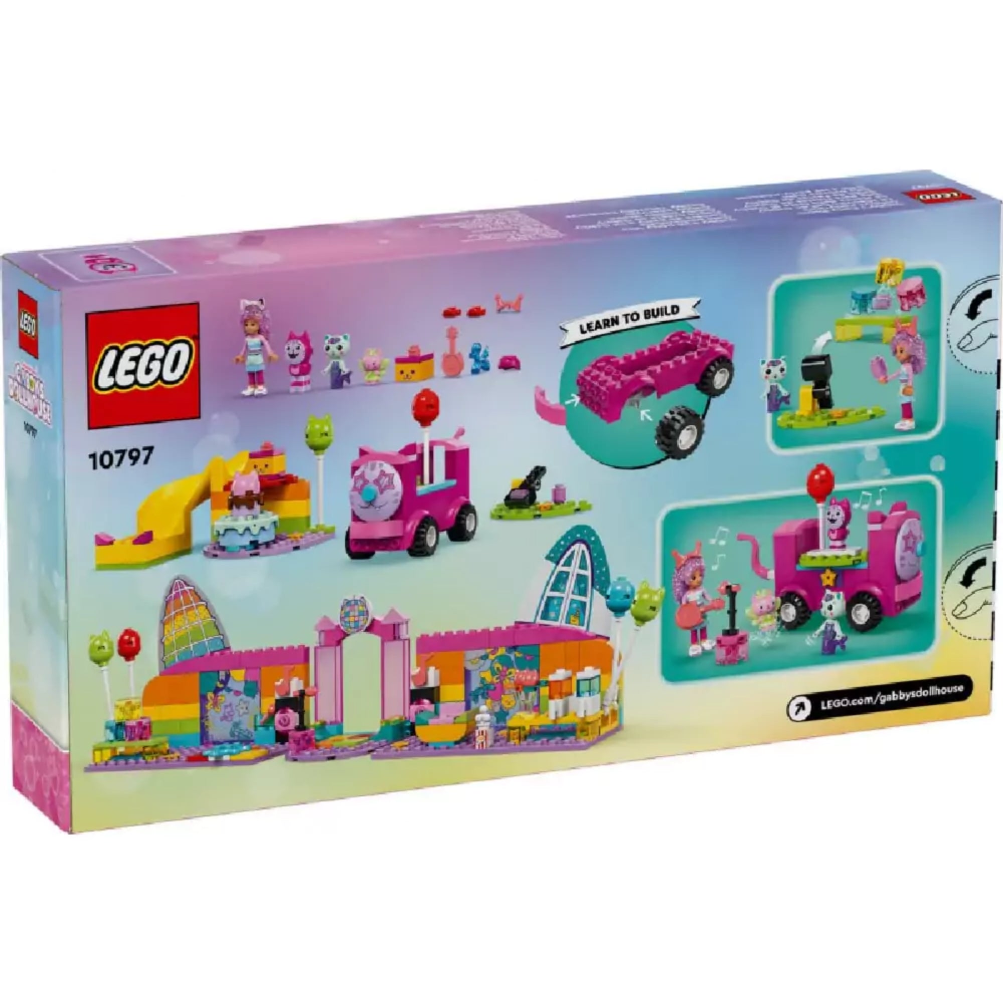 LEGO Gabby’s Dollhouse Gabi partiszobája (10797) készlet hátoldali doboznézete, a dobozon láthatók az építési lehetőségek, a játéklehetőségek és a szereplők külön is kiemelve.