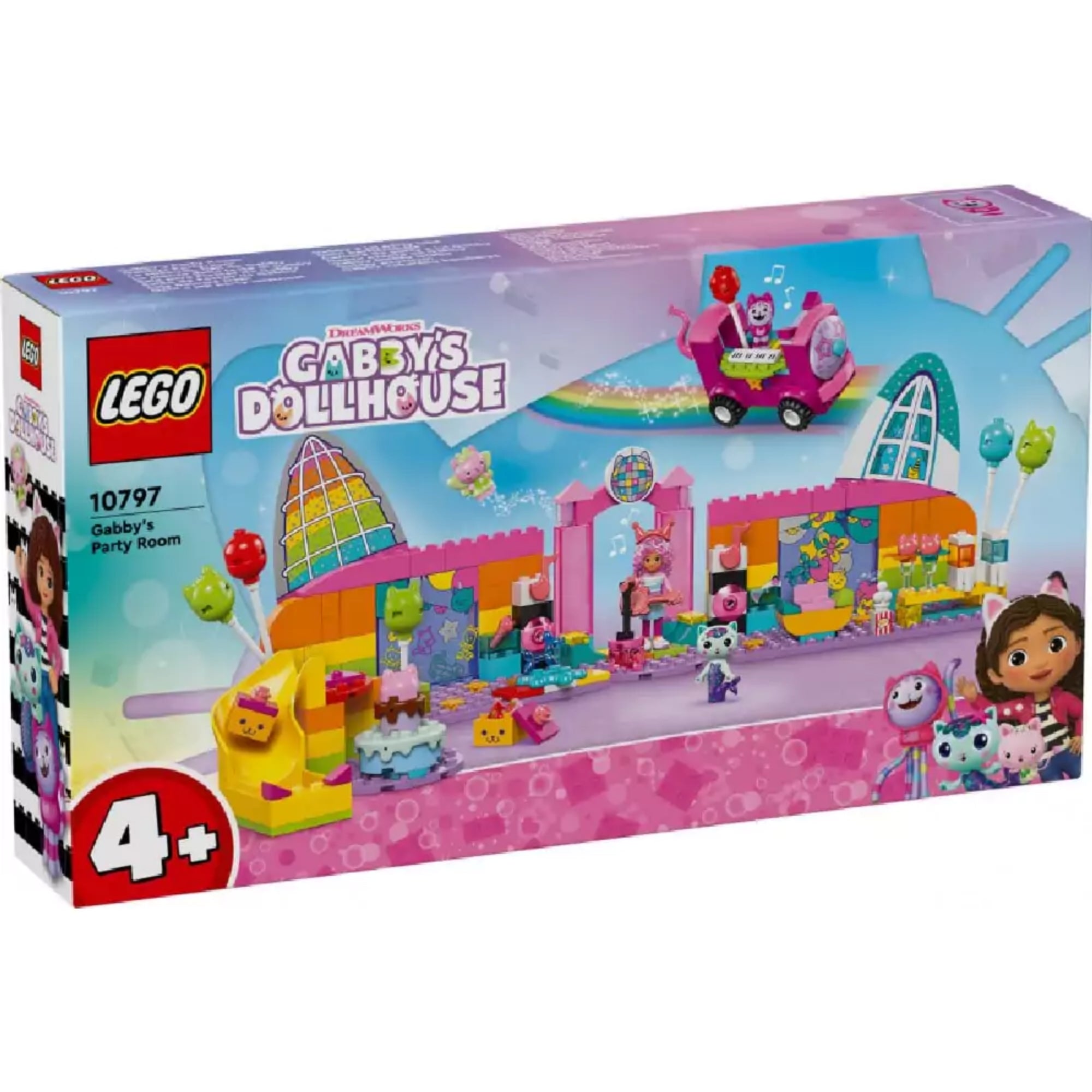 LEGO Gabby’s Dollhouse Gabi partiszobája (10797) színes díszdoboza, rajta a készlet grafikájával, Gabby figurájával, cuki macskás karakterekkel és a bulis helyszín illusztrációjával.