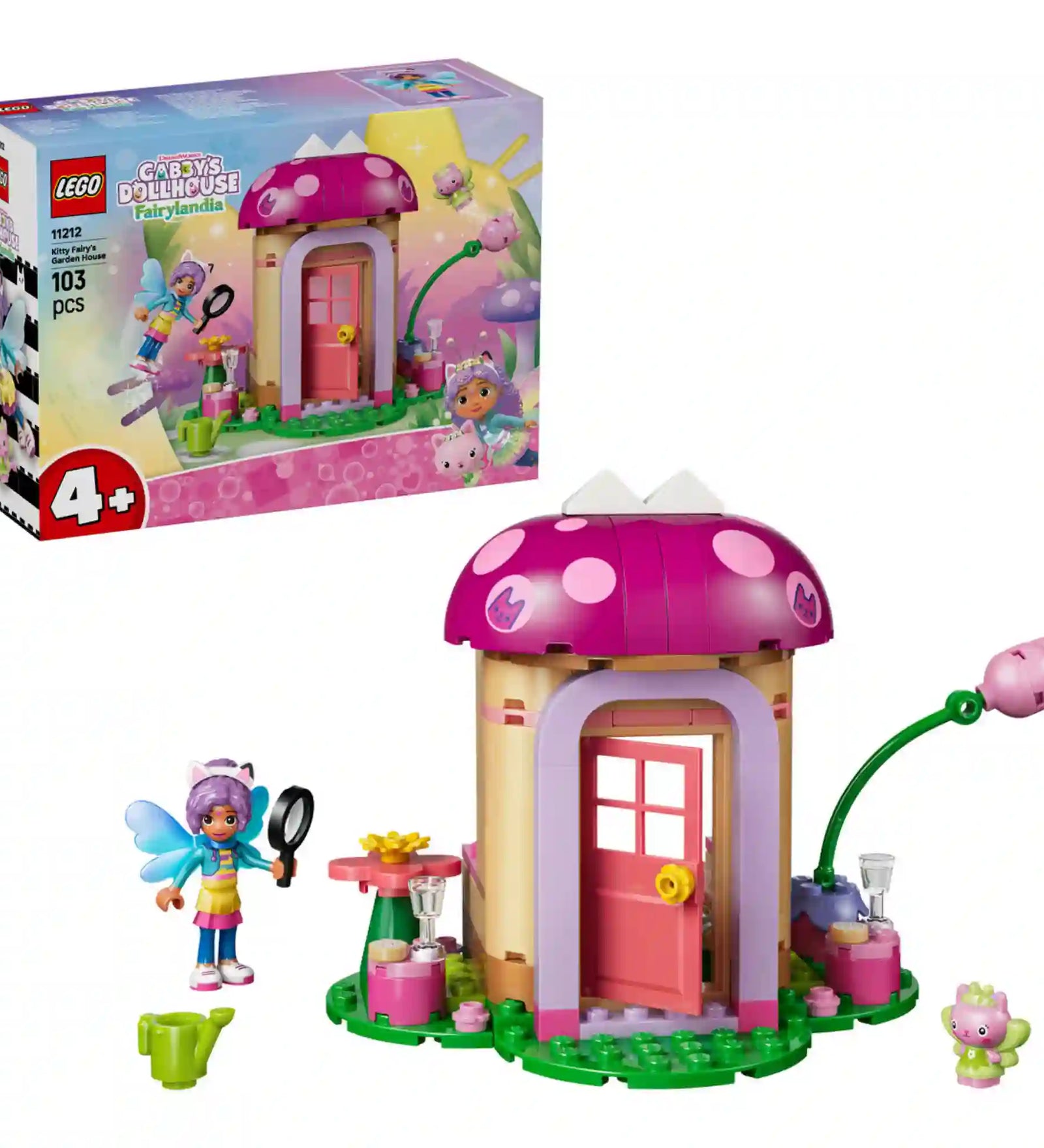 LEGO Gabby babaháza 11212 Kitty Tündér kerti háza építőkészlet eredeti doboza a megépített tündérházzal, Kitty Tündér figurával, kiscica karakterrel és a készlet kiegészítőivel.