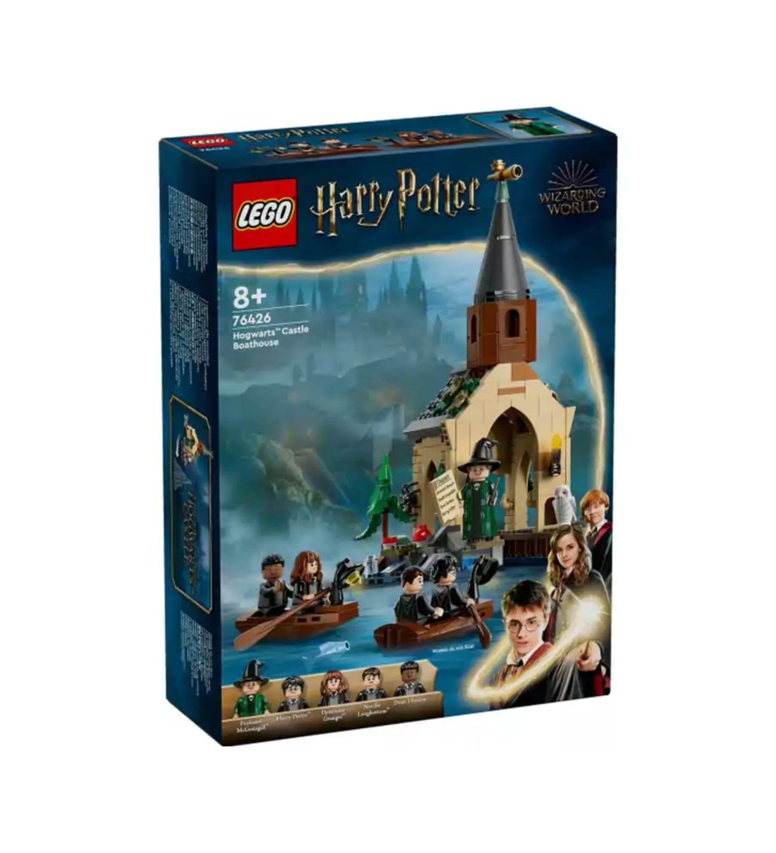 A képen a LEGO Harry Potter "Hogwarts kastélyi csónakház" szett látható, amely a híres varázslóiskola egy ikonikus helyszínét jeleníti meg. A csónakház mellett láthatóak a karakterek, mint Harry Potter, Hermione Granger, Ron Weasley és más diákok, akik csónakázással vesznek részt a filmben. A szett tartalmazza a csónakokat, valamint a kastélyi épületet, részletes belső térrel és külső elemekkel, amelyek varázslatos atmoszférát teremtenek a Harry Potter világában.