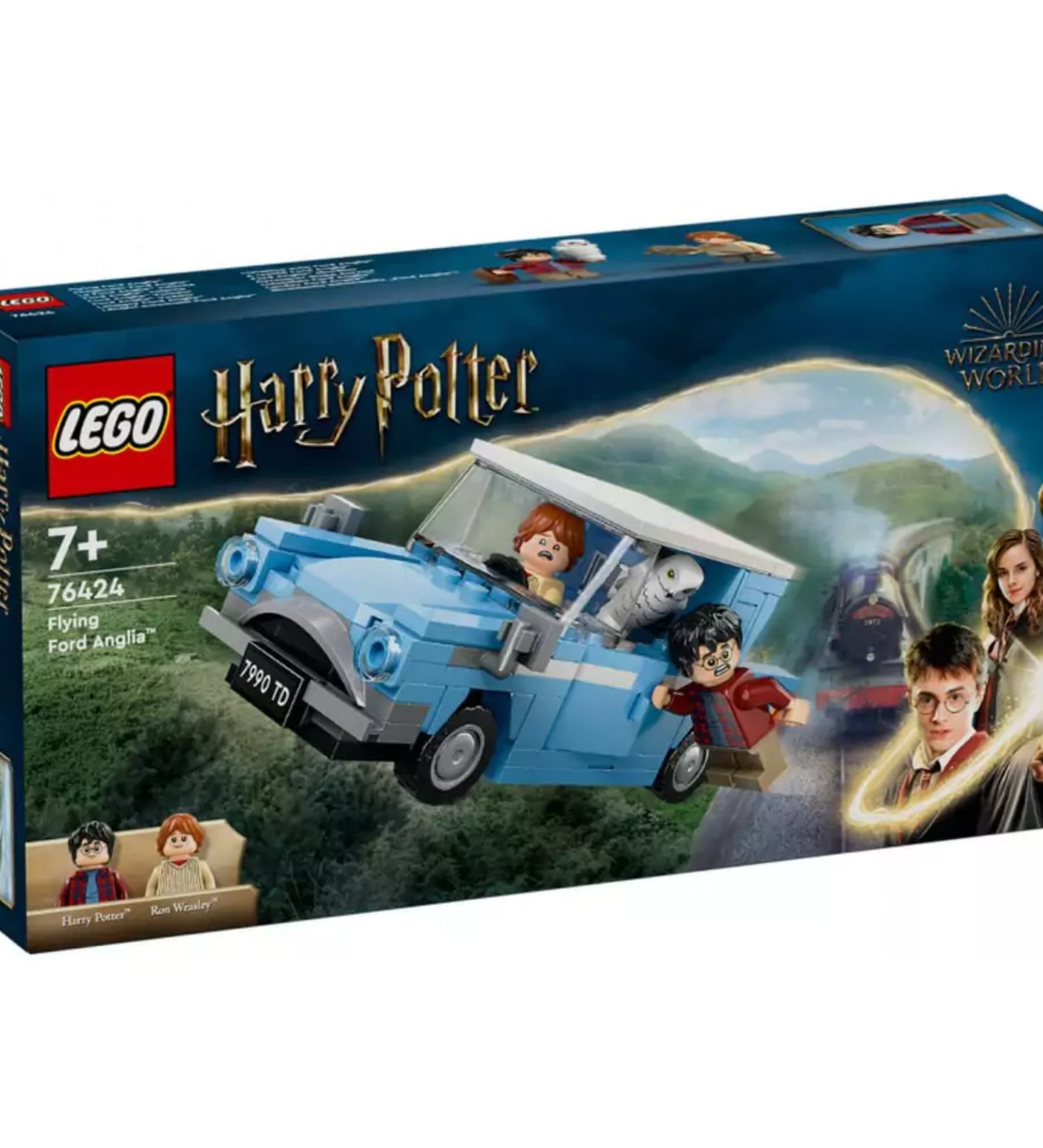 A képen a LEGO Harry Potter "Repülő Ford Anglia" (76424) szett látható, amely a varázslatos autót ábrázolja, amelyet Harry Potter és Ron Weasley használnak, hogy megszökjenek a Roxfort Expresszről. Az építmény részletesen megformázott, és tartalmazza a két főszereplő minifiguráját, Harryt és Ront, valamint Hagrid macskáját, Hedviget.