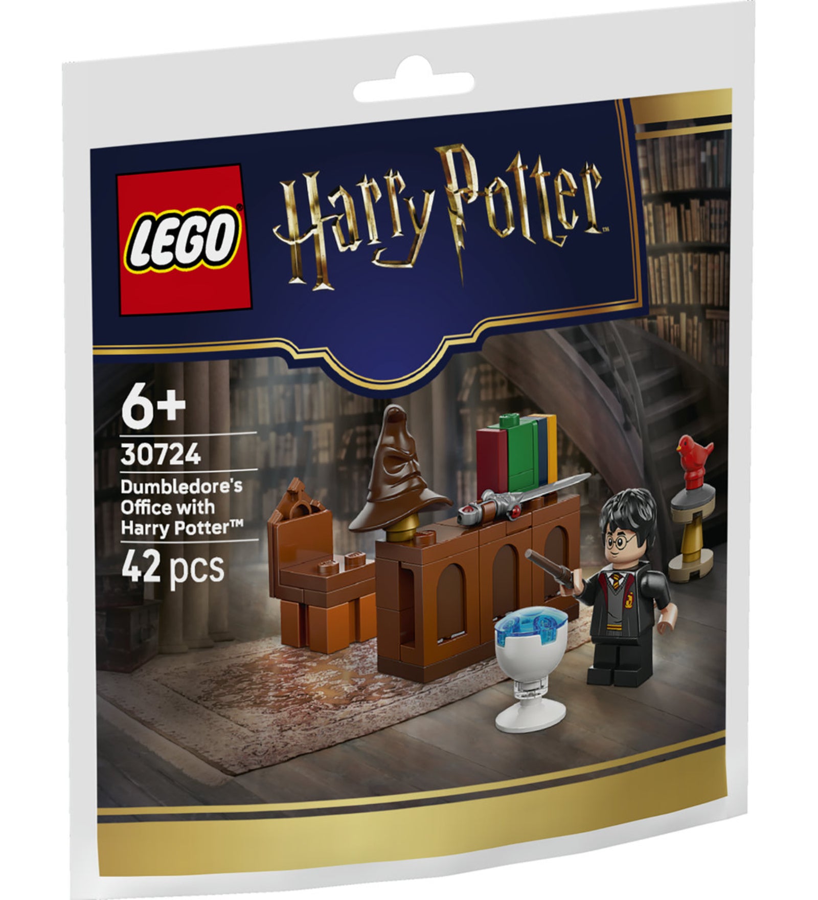 LEGO Harry Potter Dumbledore's Office with Harry Potter 30724 polybag csomagolás, amely Dumbledore irodájának mini jelenetét és Harry Potter minifigurát mutatja.