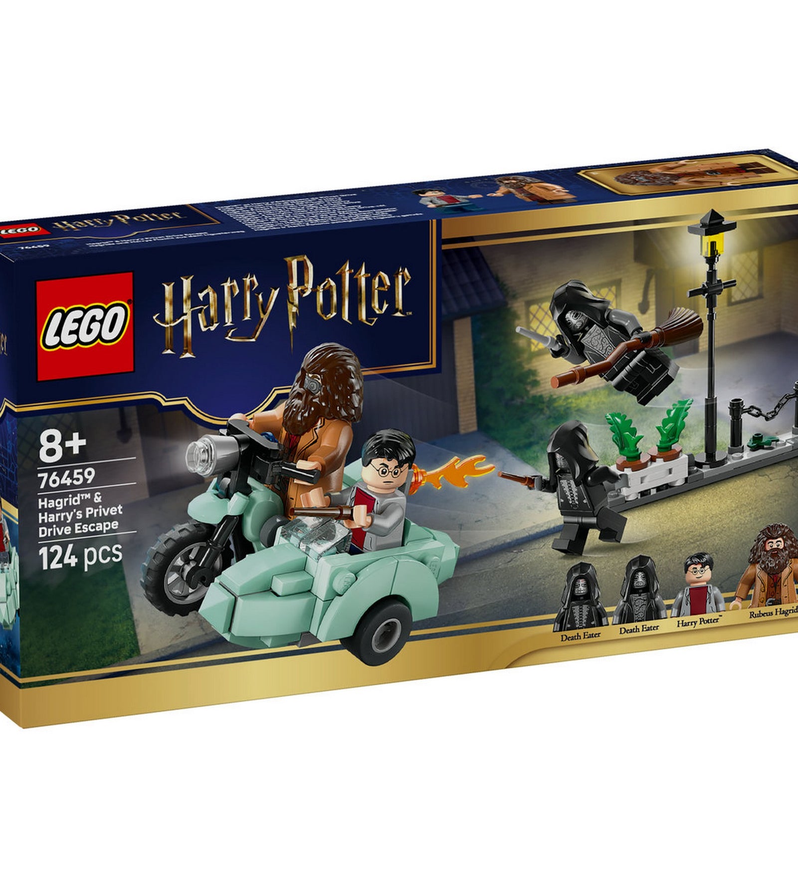 LEGO Harry Potter: Hagrid és Harry menekülése oldalkocsival 76459 – elölnézeti dobozkép, üldözés jelenet a halálfalókkal.