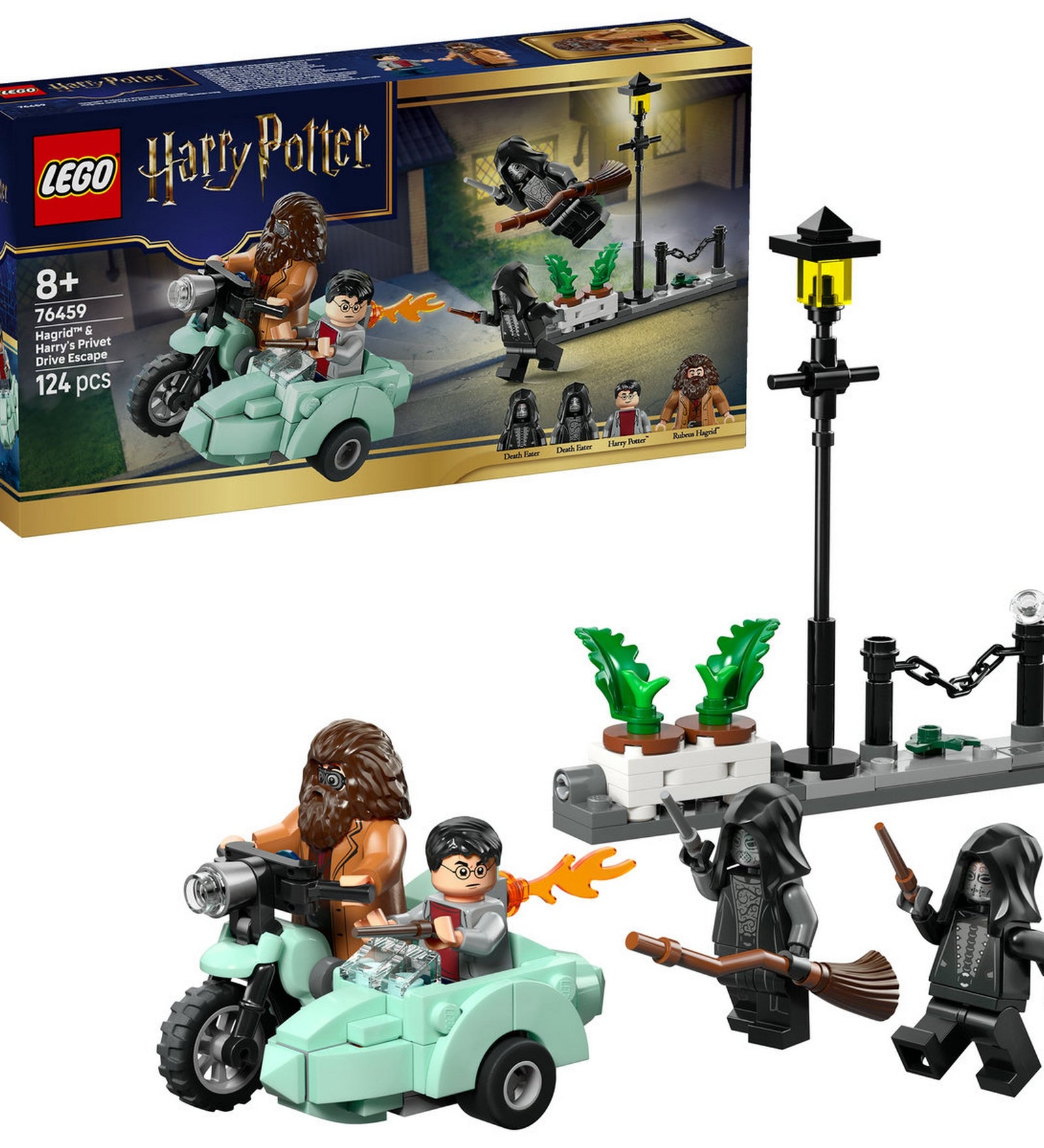 LEGO Harry Potter: Hagrid és Harry menekülése oldalkocsival 76459 – a teljes készlet kibontva, Hagrid motorja oldalkocsival és a figurák.