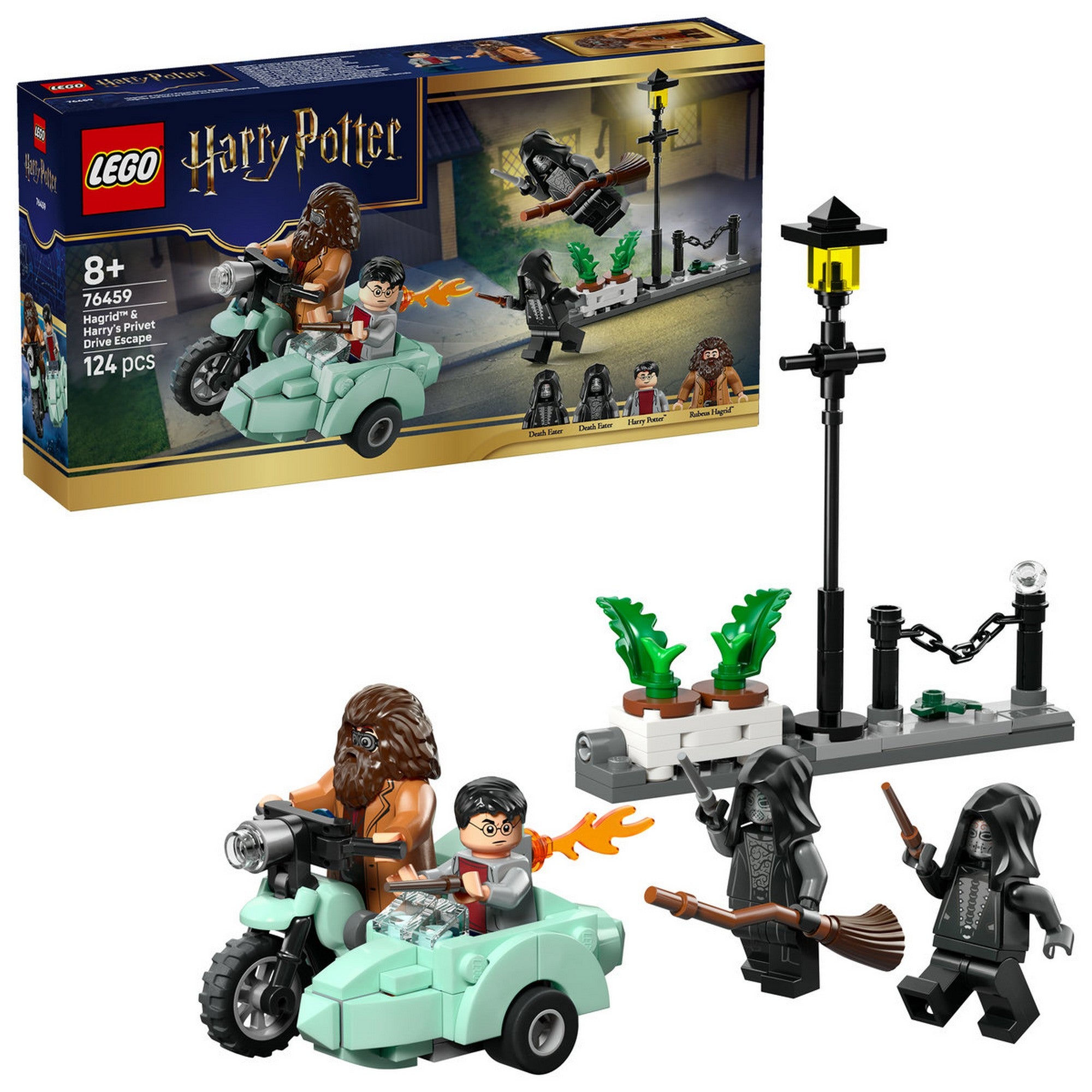 LEGO Harry Potter: Hagrid és Harry menekülése oldalkocsival 76459 – a teljes készlet kibontva, Hagrid motorja oldalkocsival és a figurák.