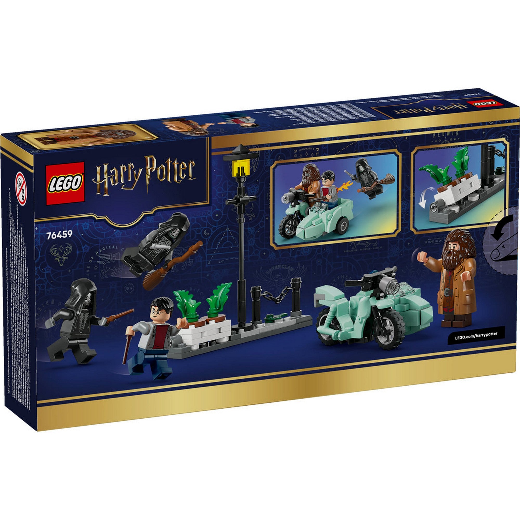 LEGO Harry Potter: Hagrid és Harry menekülése oldalkocsival 76459 – a doboz hátoldala, játékfunkciók és átalakítható jármű bemutatása.