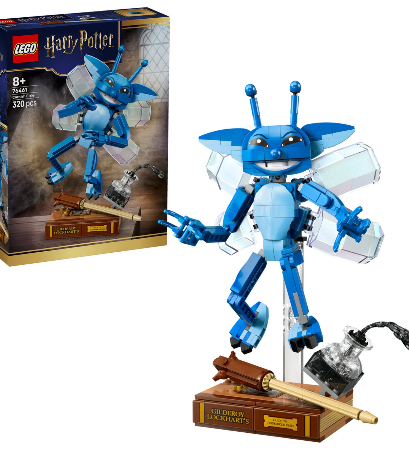 LEGO Harry Potter: Cornish Pixie 76461 – a készlet doboza és a megépített cornwalli manó talapzaton, Lockhart könyvével és kiegészítőkkel.