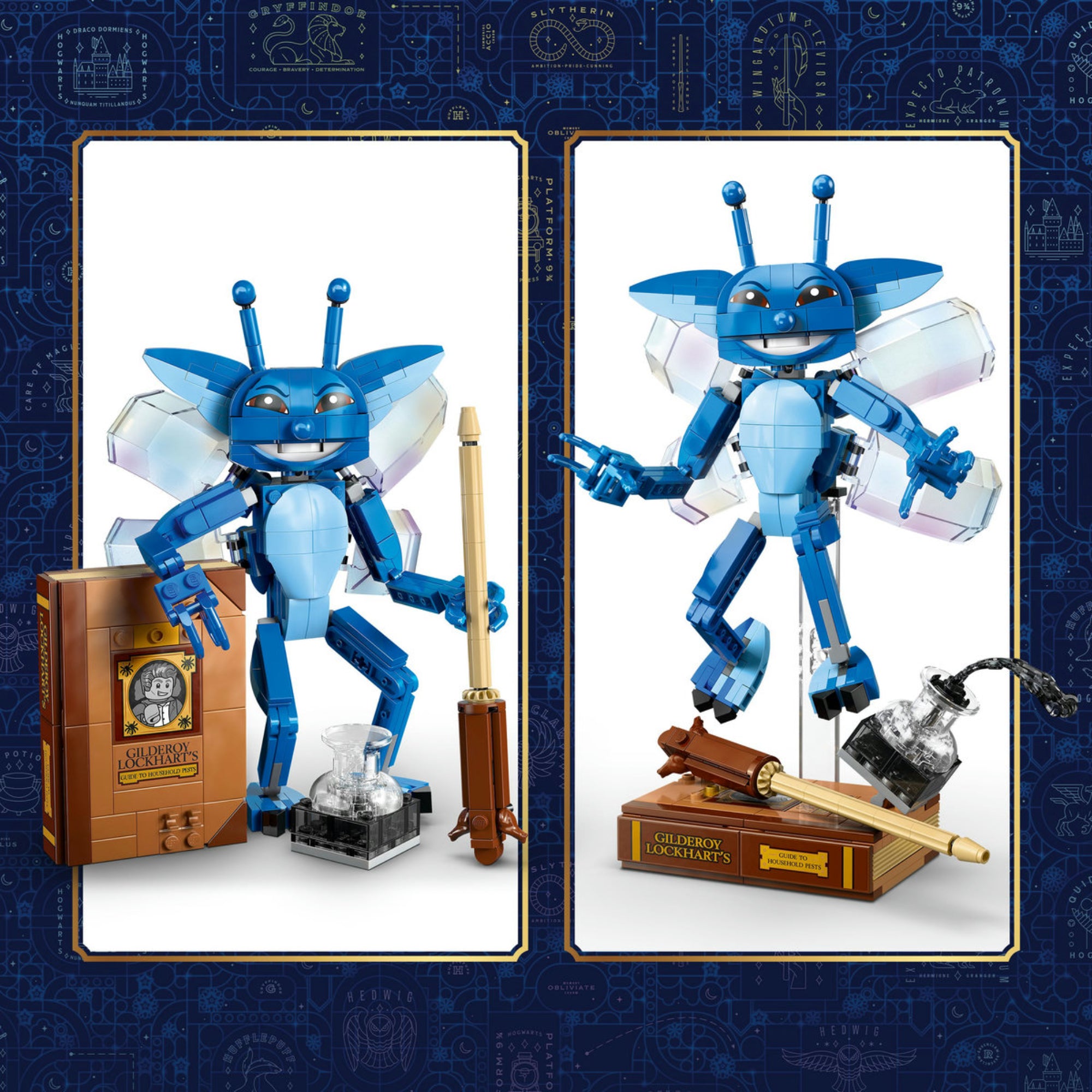 LEGO Harry Potter: Cornish Pixie 76461 – a kék cornwalli manó figura kétféle kiállítási pózban, átlátszó szárnyakkal.