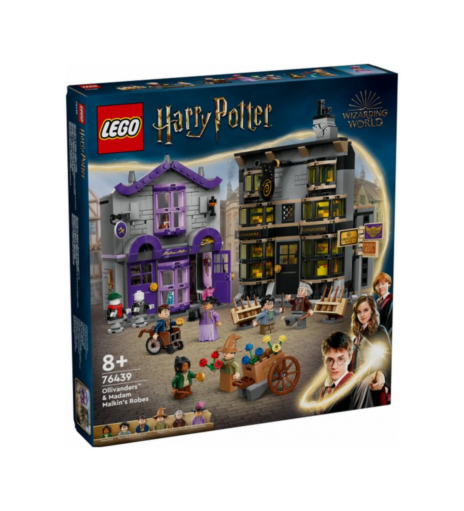 A LEGO Harry Potter 76439 szett hivatalos doboza, rajta Ollivander és Madam Malkin boltjainak részletes illusztrációjával és a hat minifigurával.