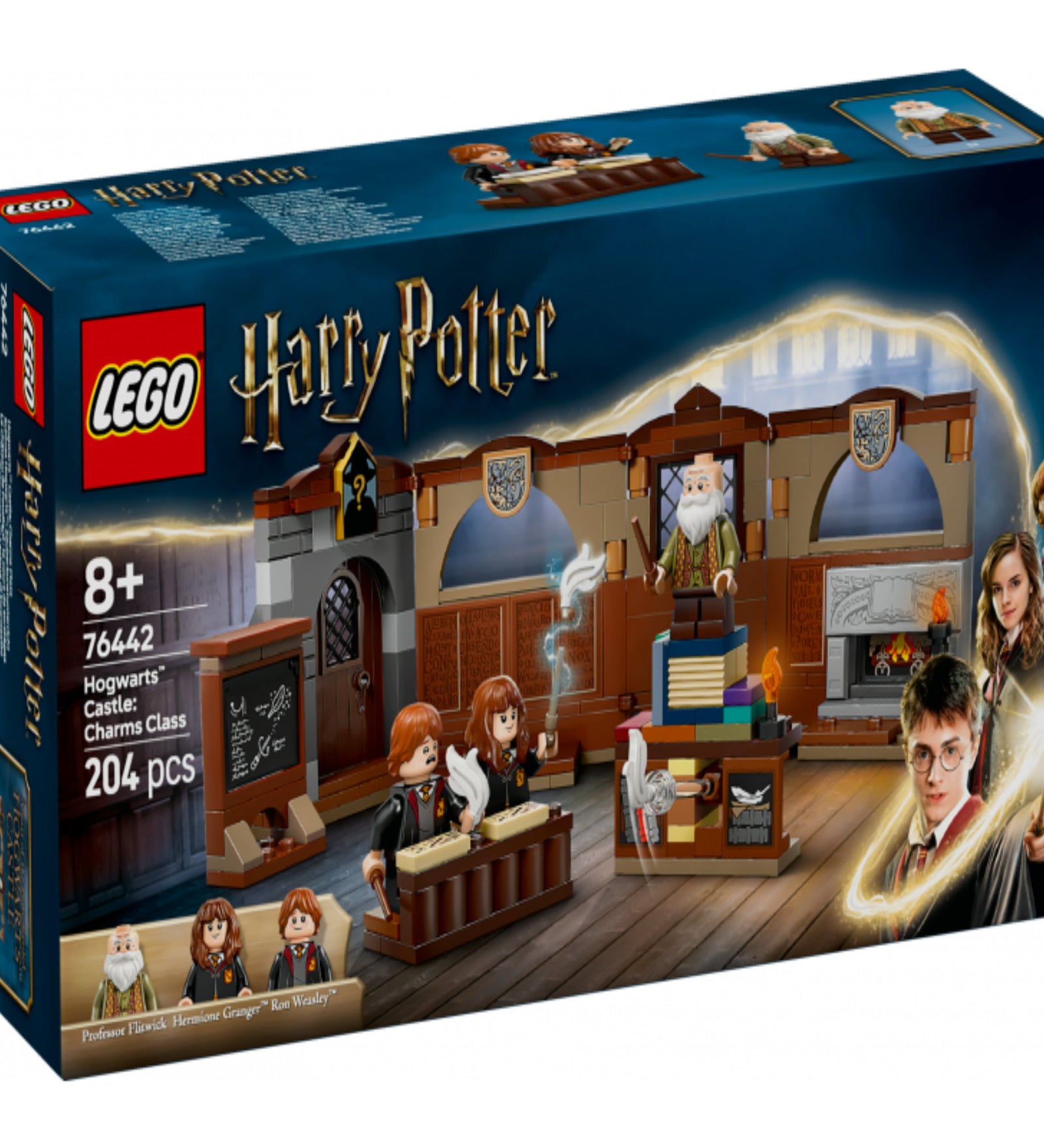 A LEGO Harry Potter Roxfort kastély Bűbájtanora 76442 doboza, bemutatva a kibontható osztálytermet és a szereplőket, mint Ron Weasley, Hermione Granger és Flitwick professzor.