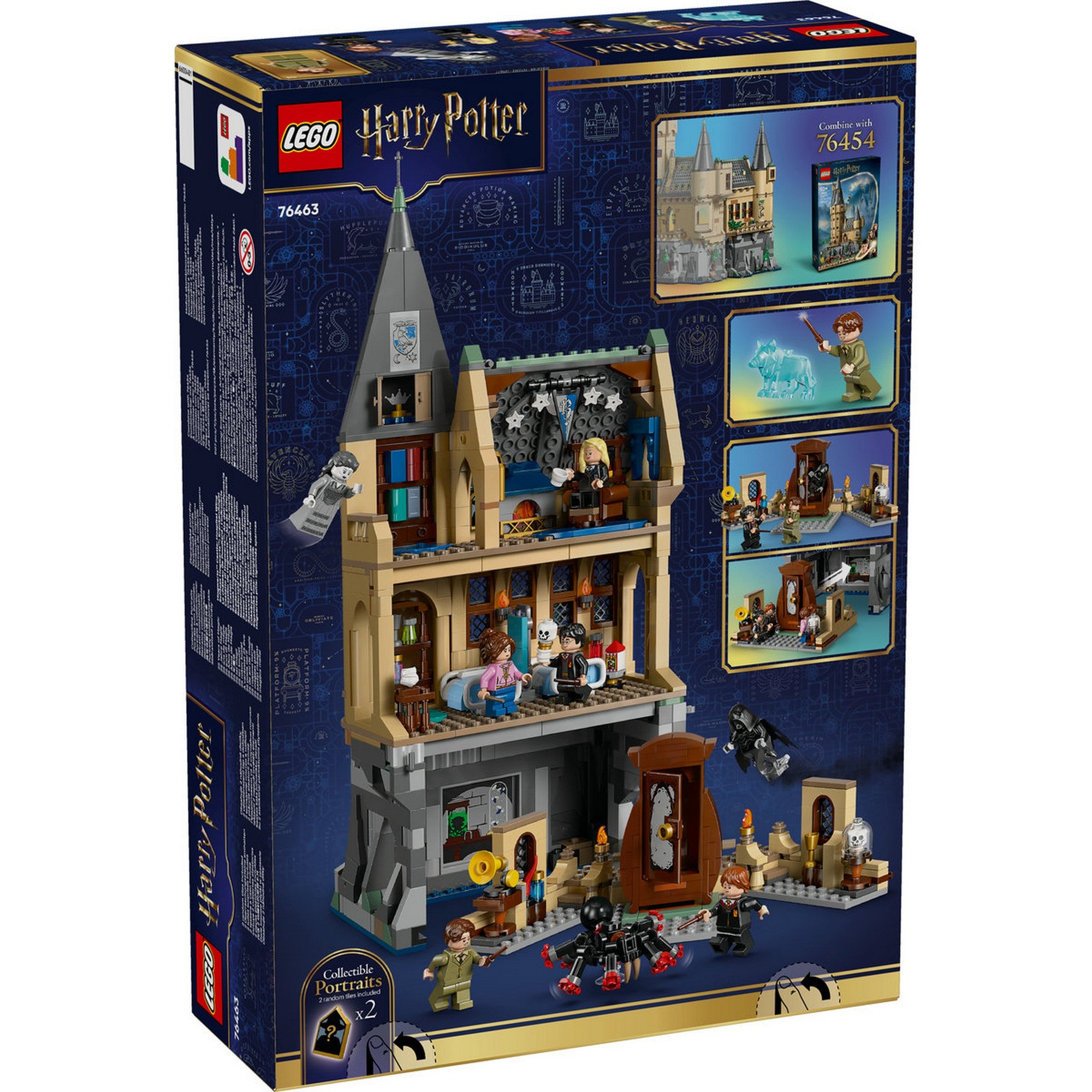 LEGO Harry Potter: Hogwarts kastély – Kórházi szárny 76463 – a doboz hátoldala, a belső terek és játékfunkciók bemutatásával.