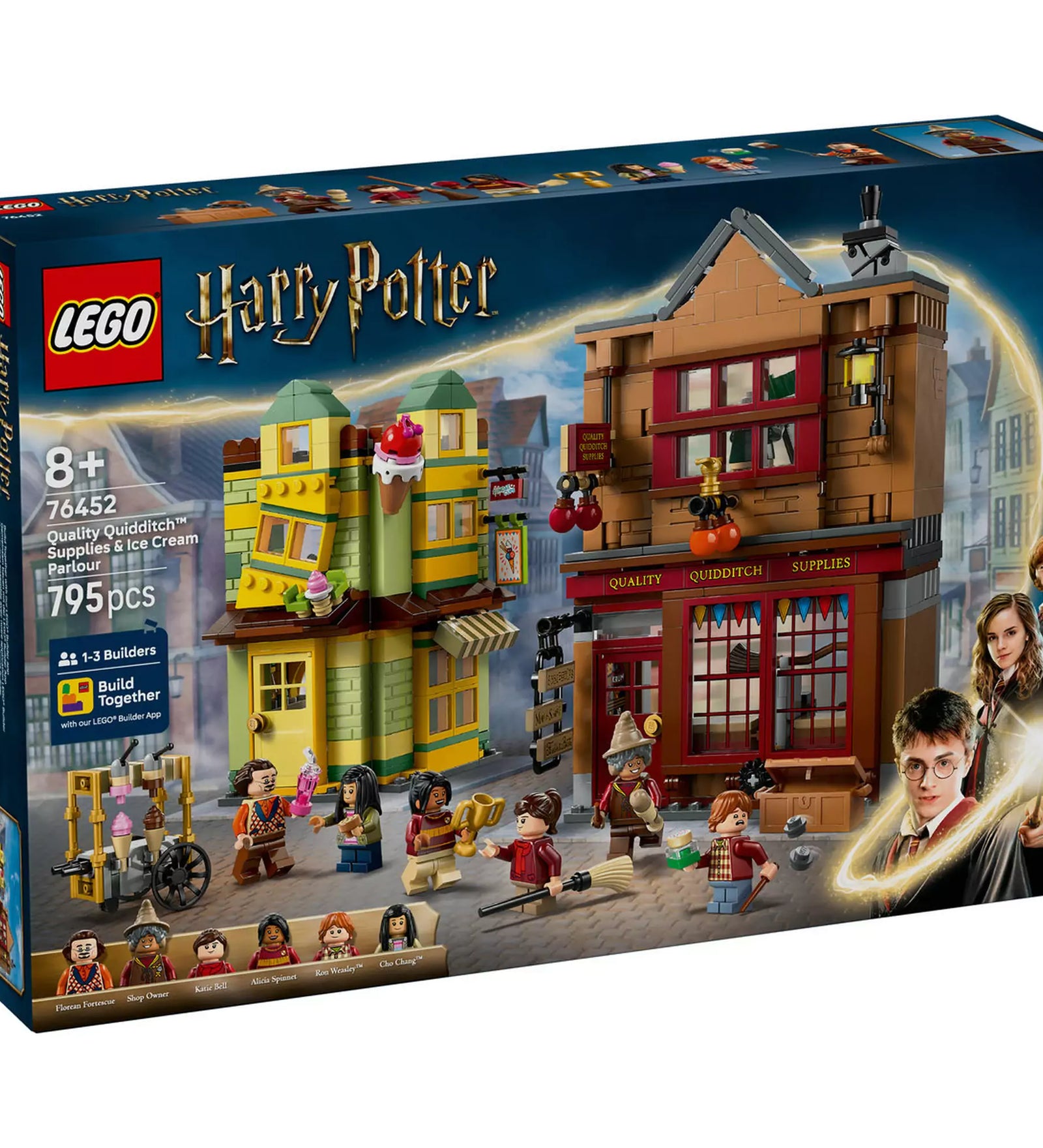 A LEGO Harry Potter 76452 doboza, amely a Quality Quidditch Supplies és jégkrémüzlet részletes épületeit, valamint 6 minifigurát tartalmaz a Roxmorts-beli jelenethez.
