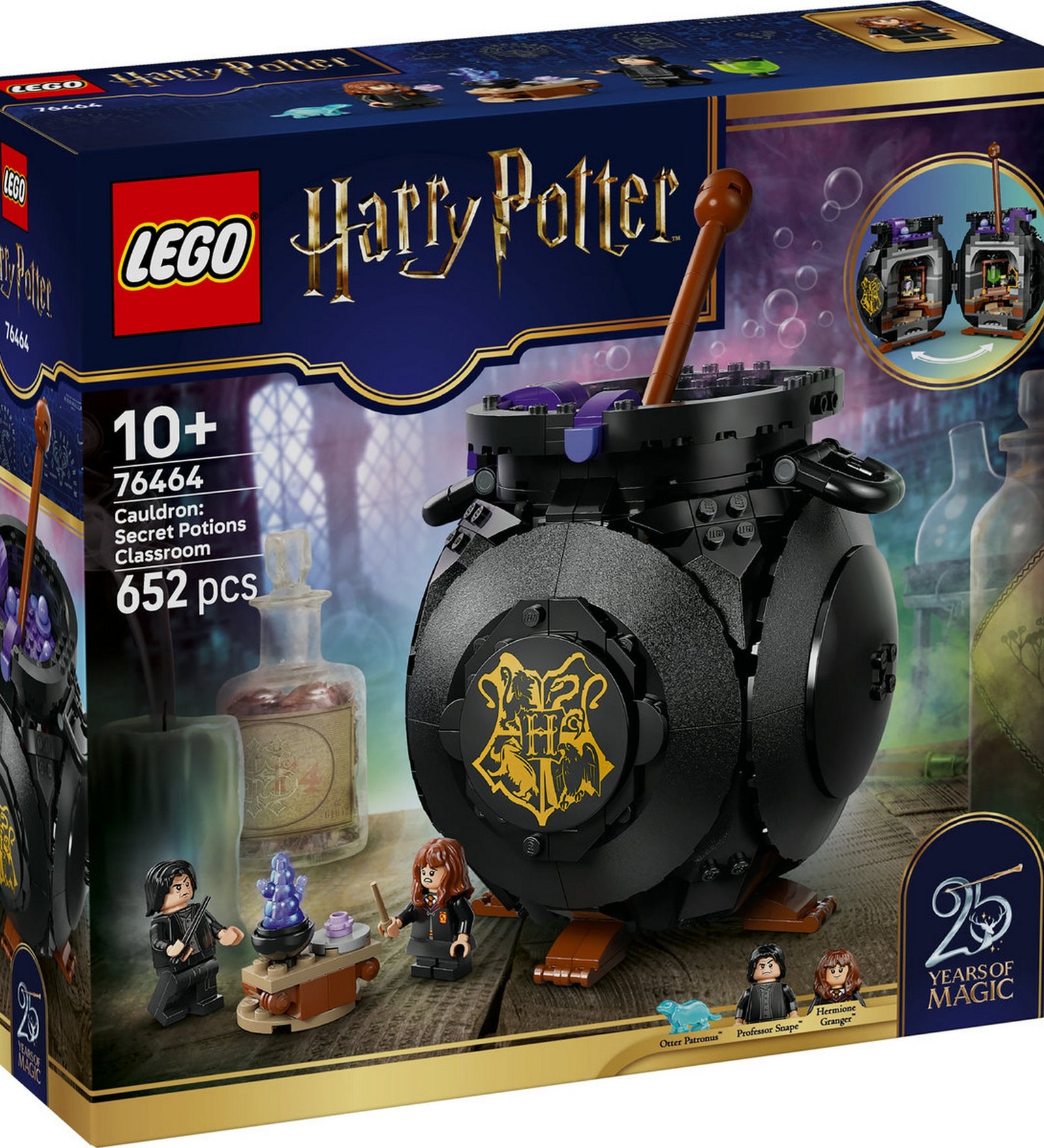 LEGO Harry Potter: Varázsfőzetek titkos tanterme 76464 – a készlet elölnézeti dobozképe a varázsüsttel és minifigurákkal.