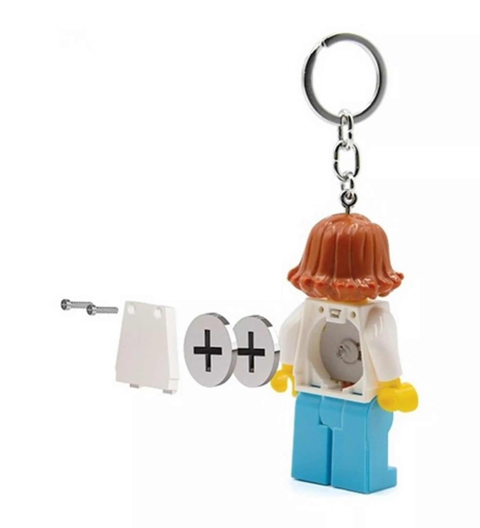 LEGO Iconic doktornő világító kulcstartó szétszerelt állapotban, hátulról látható minifigurával, nyitott elemtartóval, két CR2025 gombelemmel, rögzítőcsavarral és fém kulcskarikával, fehér háttéren