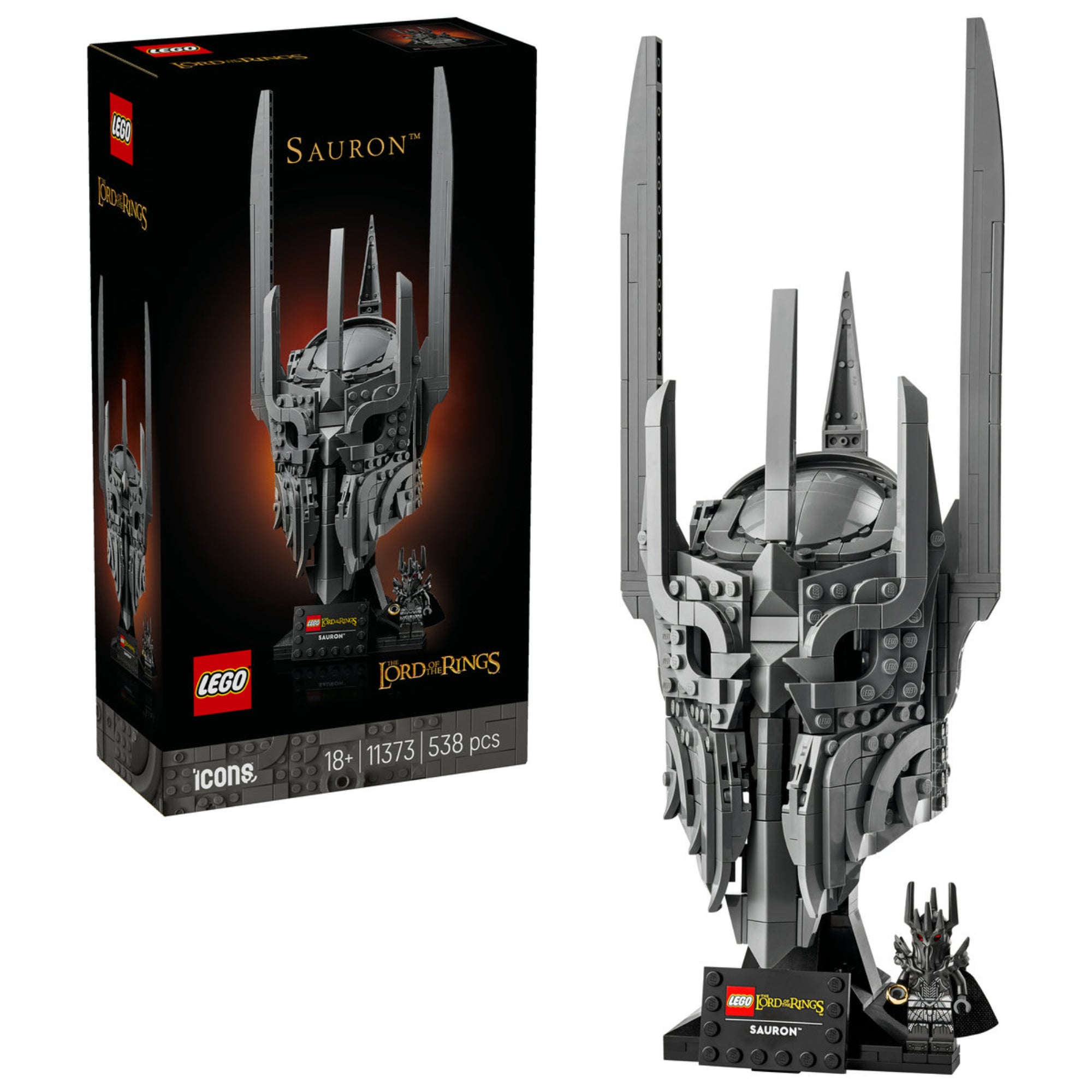 LEGO Icons 10373 Sauron™ készlet doboza és az összeépített Sauron sisak modell minifigurával.