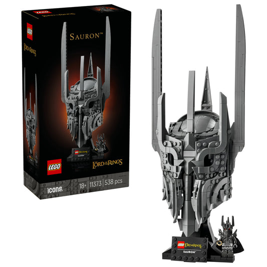 LEGO Icons 10373 Sauron™ készlet doboza és az összeépített Sauron sisak modell minifigurával.
