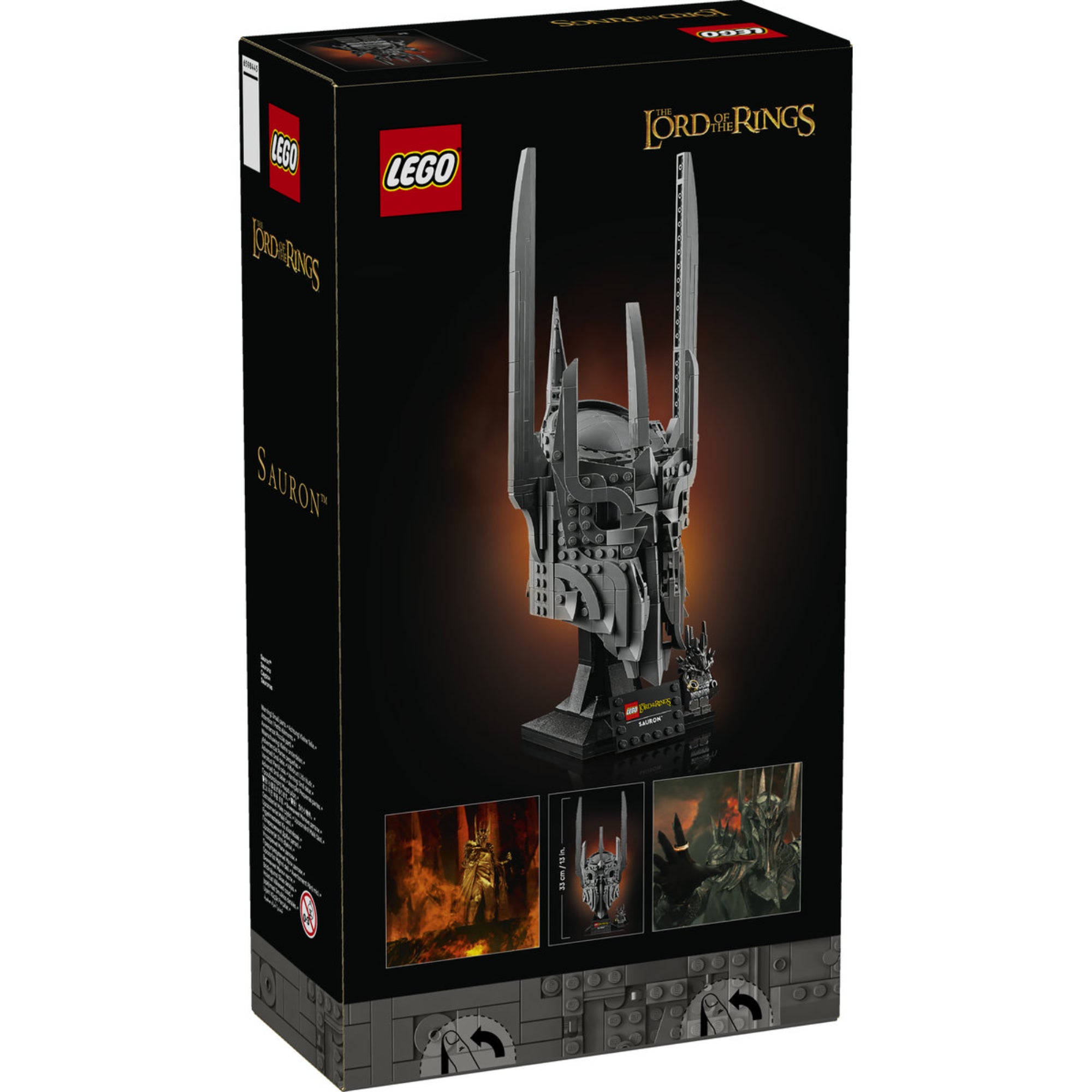 LEGO Icons 10373 Sauron™ doboz hátoldala, a sisak modell részleteivel és filmes inspirációs képekkel.
