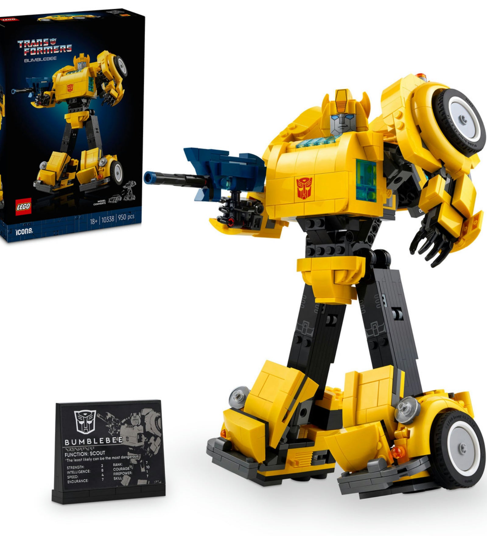 A LEGO Icons Bumblebee robotmodell a doboz mellett látható, fegyverrel és az információs táblával kiegészítve, modern megjelenésben.