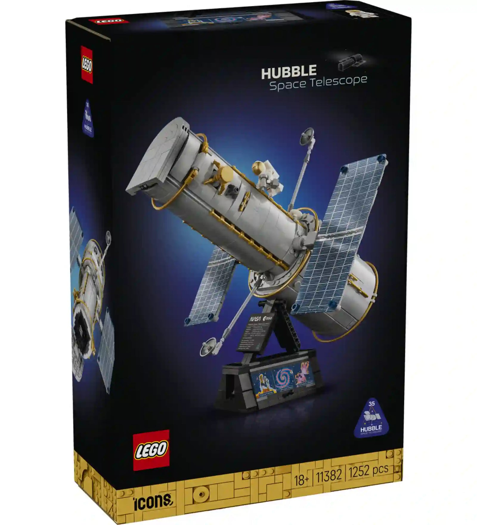 A LEGO Icons Hubble Űrteleszkóp 11382 dobozának eleje a NASA Hubble űrteleszkóp modelljével.