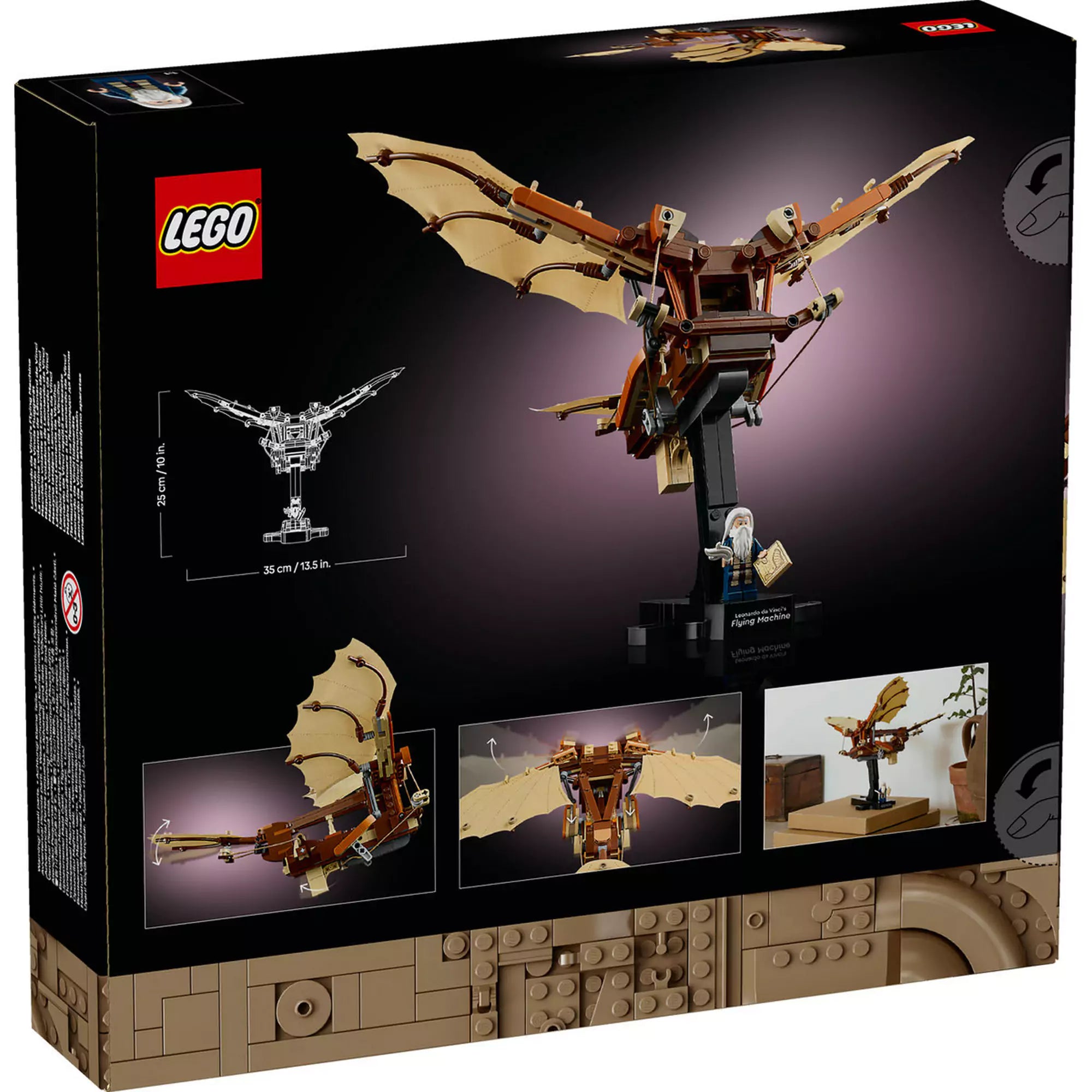A LEGO Icons (Creator Expert) Leonardo da Vinci Repülőgépe (10363) szett hátoldala, amely részletesen bemutatja az ornitopter mozgó szárnyait, mechanizmusát és a kiállítási állványt. Az illusztrációk a modell méreteit és funkcióit is szemléltetik, valamint a minifigurát, amely a készlet részét képezi.