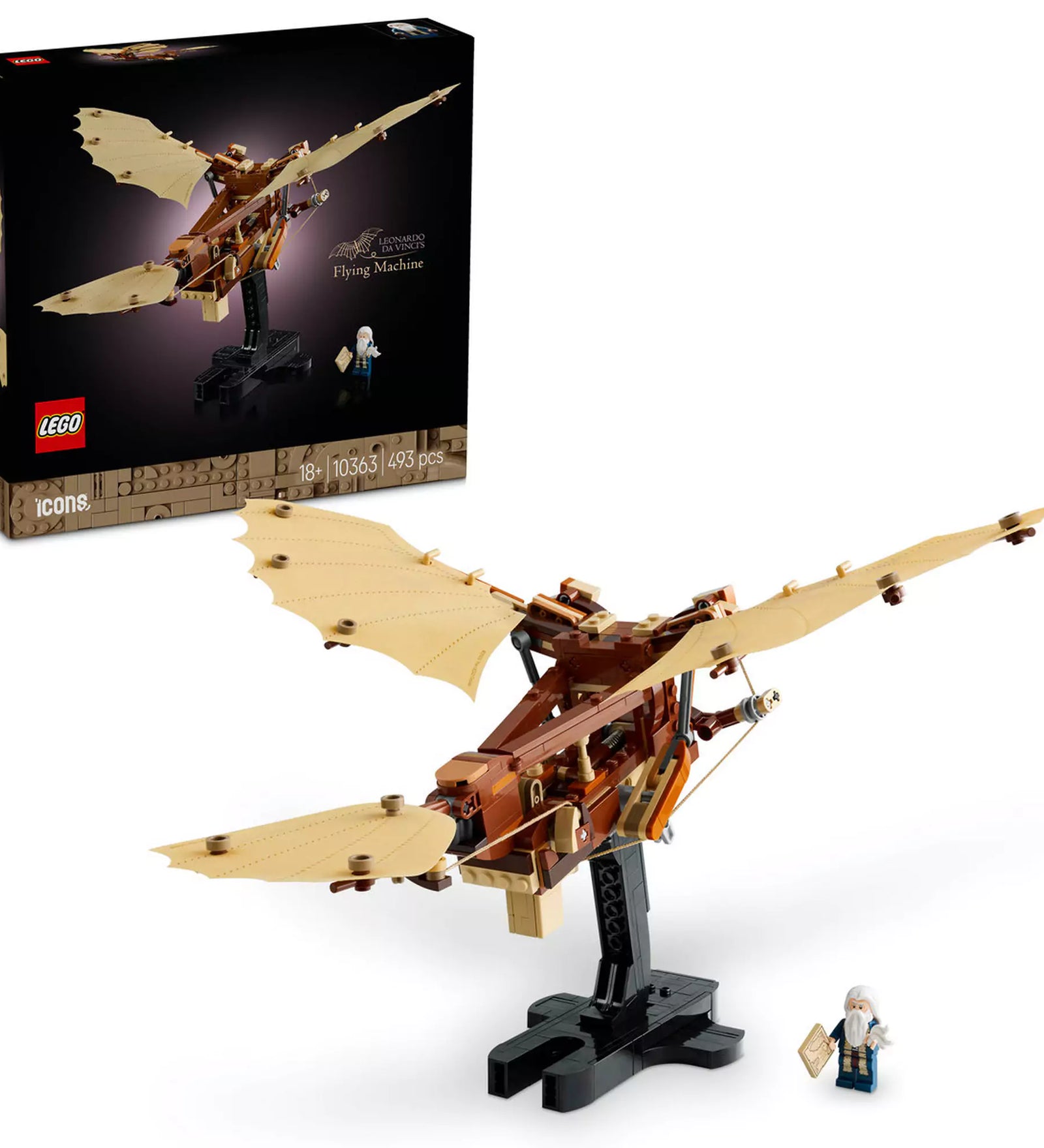 LEGO Icons (Creator Expert) Leonardo da Vinci Repülőgépe (10363) készlet, amely tartalmazza az ornitopter részletes modelljét mozgatható szárnyakkal és egy kiállítási állvánnyal, valamint egy minifigurát Leonardo da Vinci megjelenítésével, aki egy tervrajzot tart a kezében.
