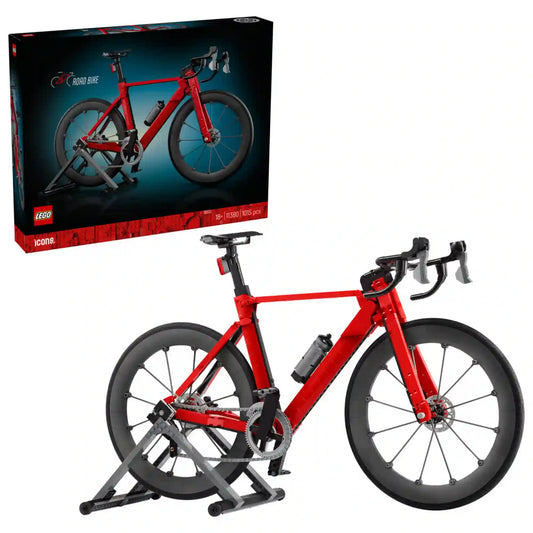 LEGO Icons Road Bike (11380) készlet dobozképe és a megépített piros országúti kerékpár modell bemutatása tartóállvánnyal, részletgazdag vázzal és kerékpáros kiegészítőkkel.