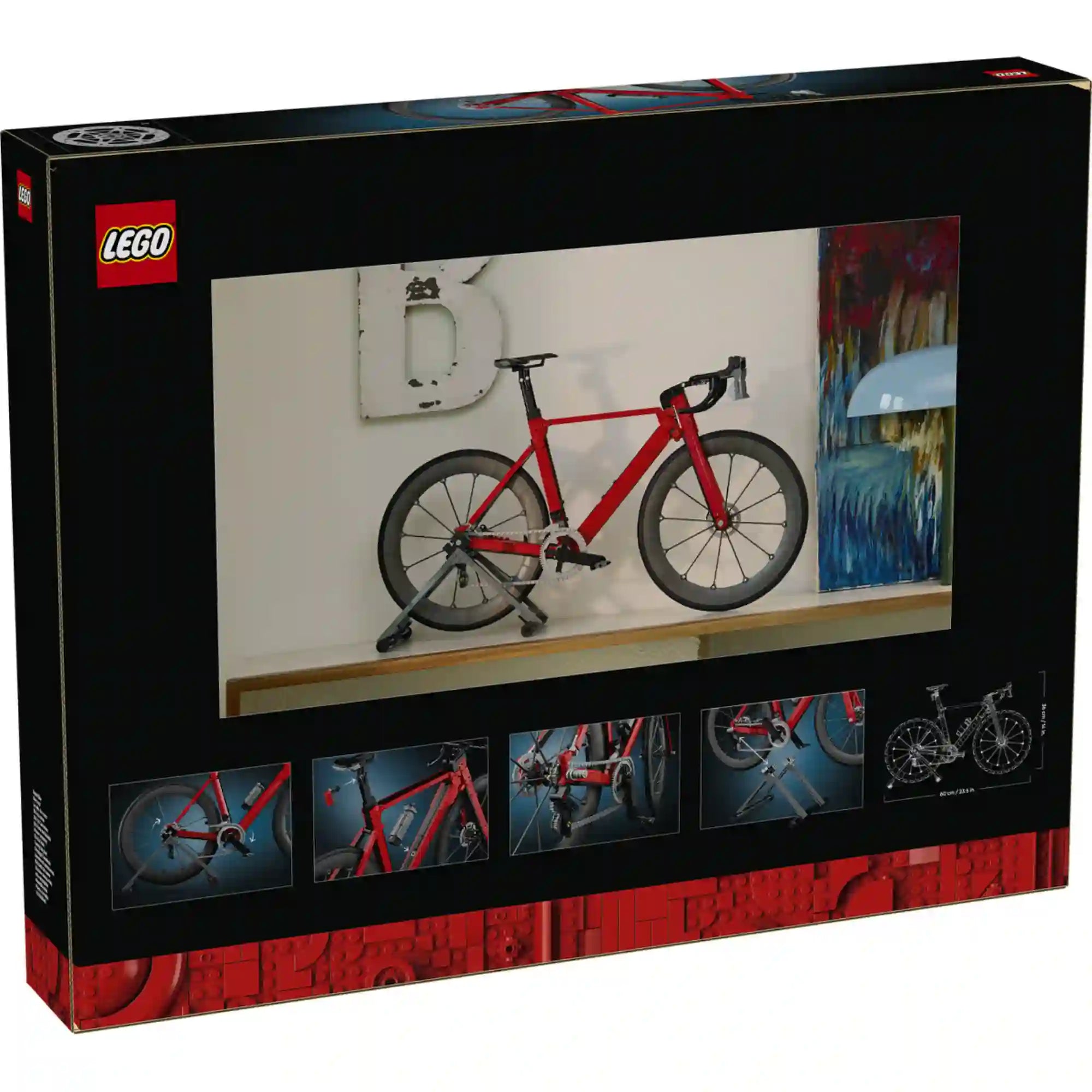 LEGO Icons Road Bike (11380) készlet hátoldala, amely a megépített kerékpár kiállítási lehetőségeit, részleteit és méreteit mutatja be több fotón keresztül.