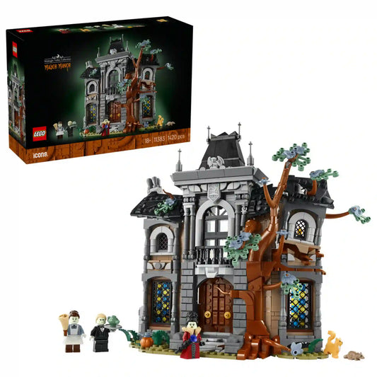 LEGO Icons 11383 Mayor Manor készlet, gótikus stílusú kastély, előtte három minifigurával és a termék dobozával.