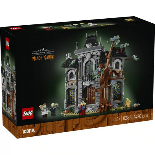 LEGO Icons 11383 Mayor Manor építőkészlet dobozának eleje, a sötét kastély és a hozzá tartozó figurák képével.