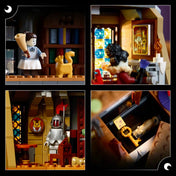 LEGO Icons 11383 Mayor Manor kastélyának négy részletfotója, minifigurákkal, páncéllal, festménnyel és titkos rekesszel.