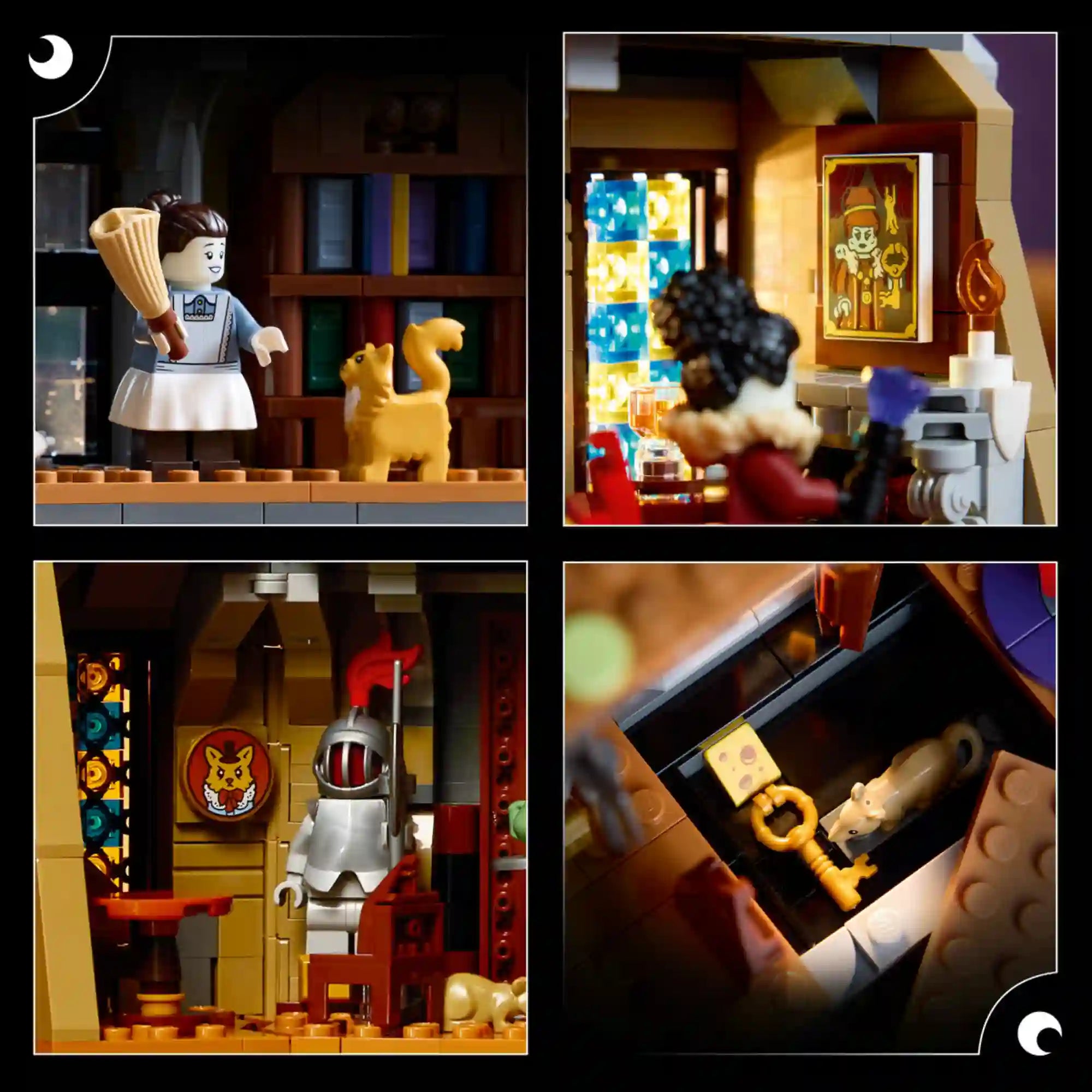LEGO Icons 11383 Mayor Manor kastélyának négy részletfotója, minifigurákkal, páncéllal, festménnyel és titkos rekesszel.
