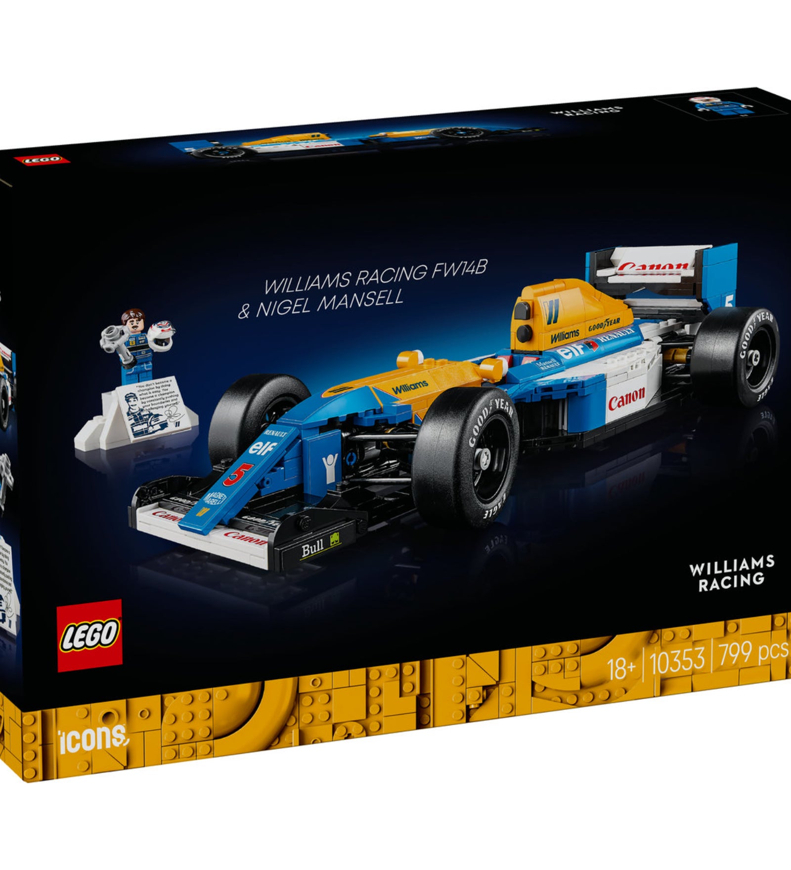 A LEGO Icons Williams Racing FW14B & Nigel Mansell (10353) doboza, amely bemutatja a részletesen kidolgozott Forma–1-es versenyautó modellt. A csomagolás kiemeli az ikonikus kék-sárga dizájnt, a Goodyear gumikat, a működő kormányzást, valamint a Nigel Mansell minifigurát egy pódium-stílusú kiállítóállvánnyal.