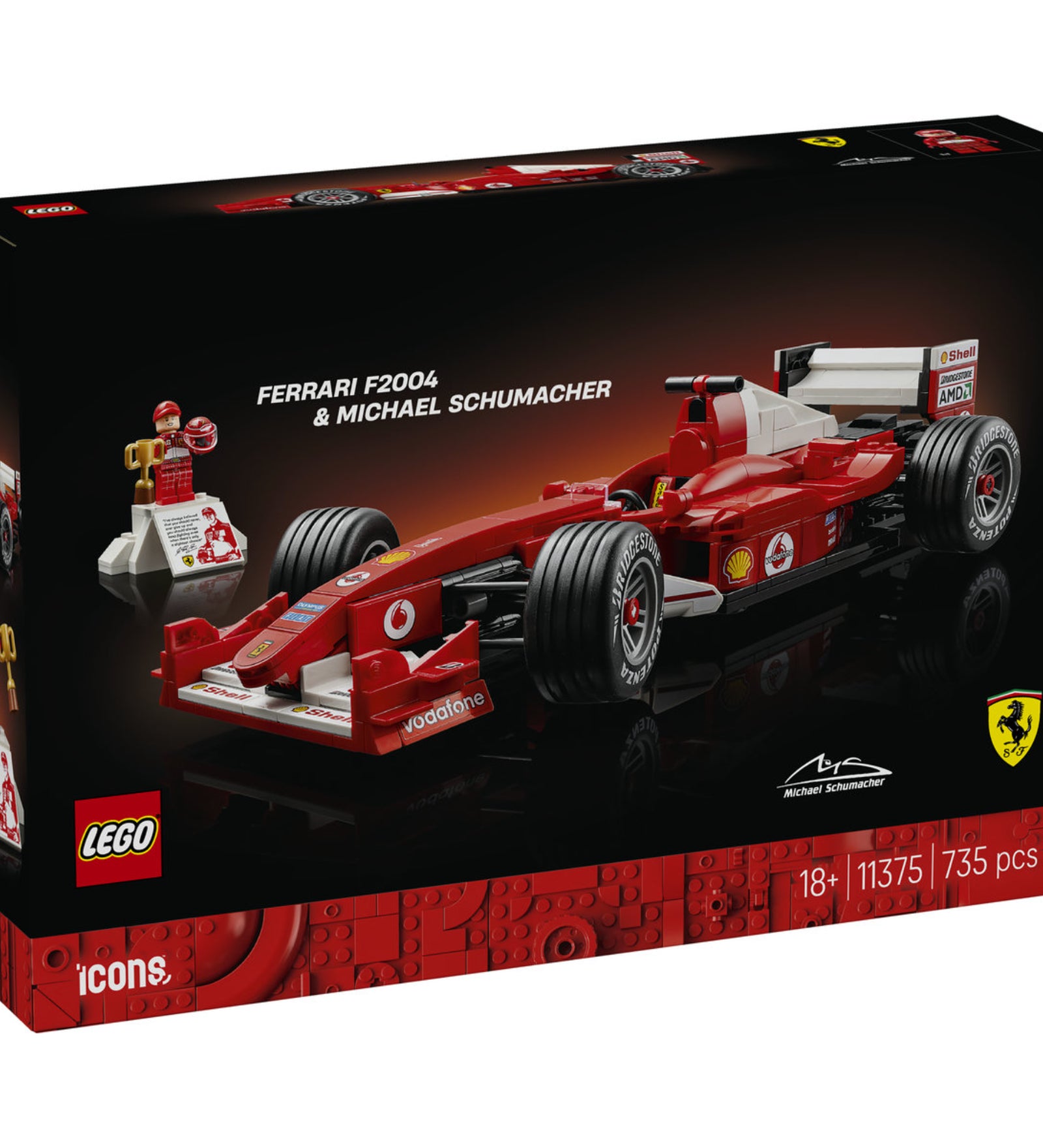 LEGO Icons 10375 Ferrari F2004 & Michael Schumacher dobozkép, részletes Ferrari F1 versenyautó modellel.