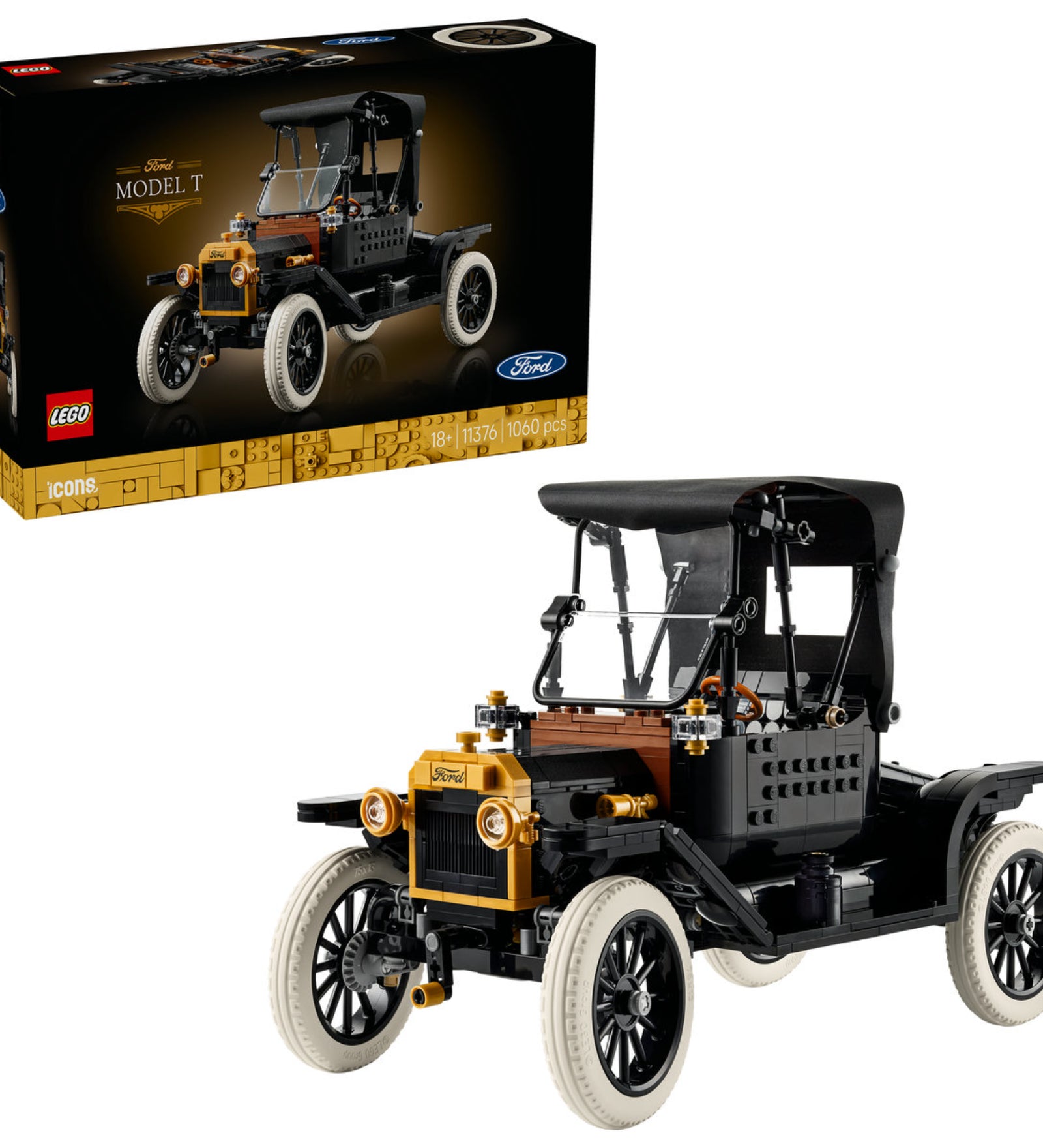 LEGO Icons Ford Model T 11376 doboz és a megépített veterán autó modell együtt fehér háttéren.