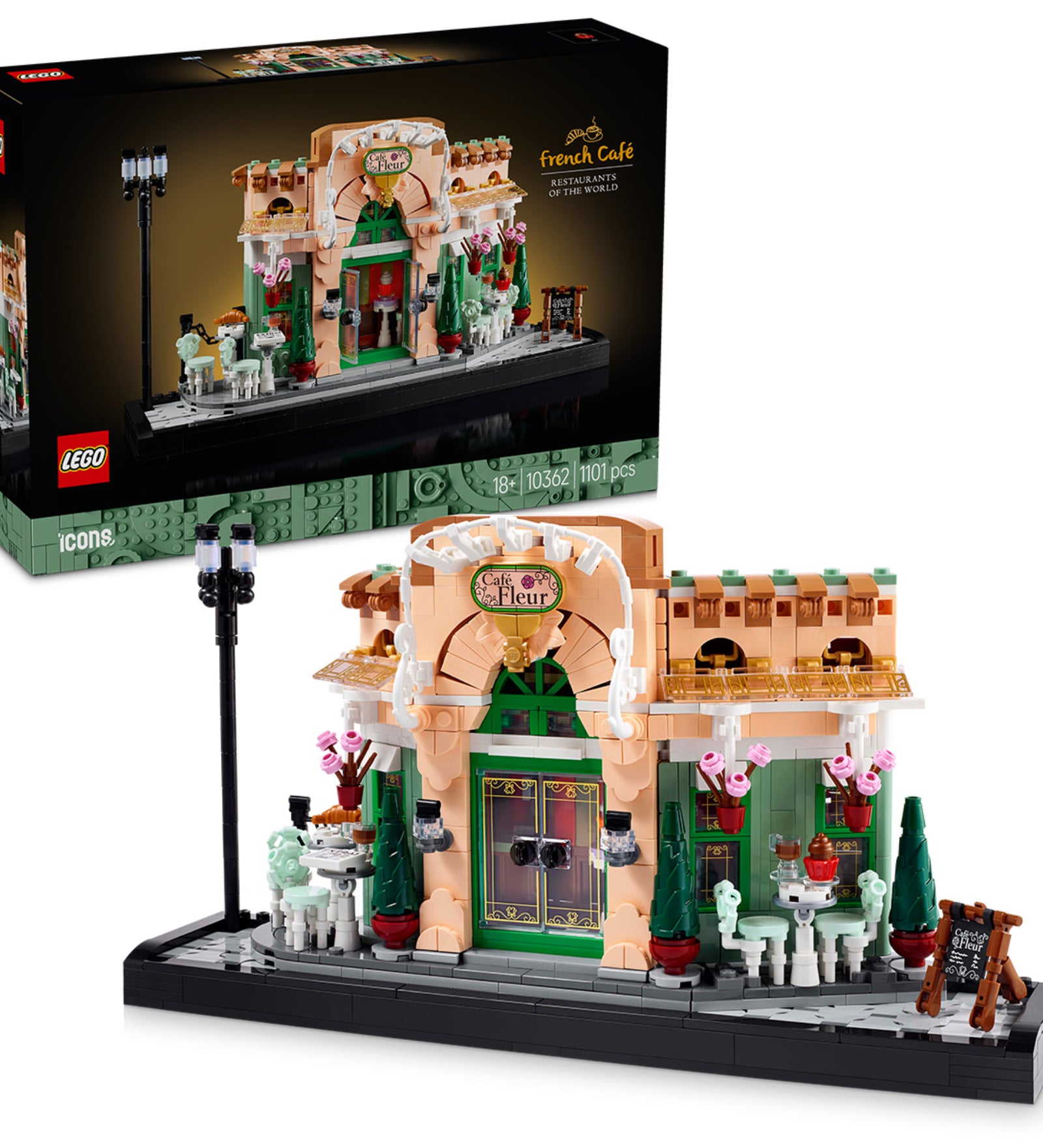 Ez a kép a LEGO Icons Francia Kávézó (10362) építőkészletet ábrázolja, amely egy bájos párizsi bisztró részletes LEGO változata. A készlet elegáns homlokzatot, hangulatos kültéri asztalokat és dekoratív elemeket tartalmaz, tökéletes kiegészítője lehet egy LEGO városnak vagy egy stílusos kiállítási darabnak.