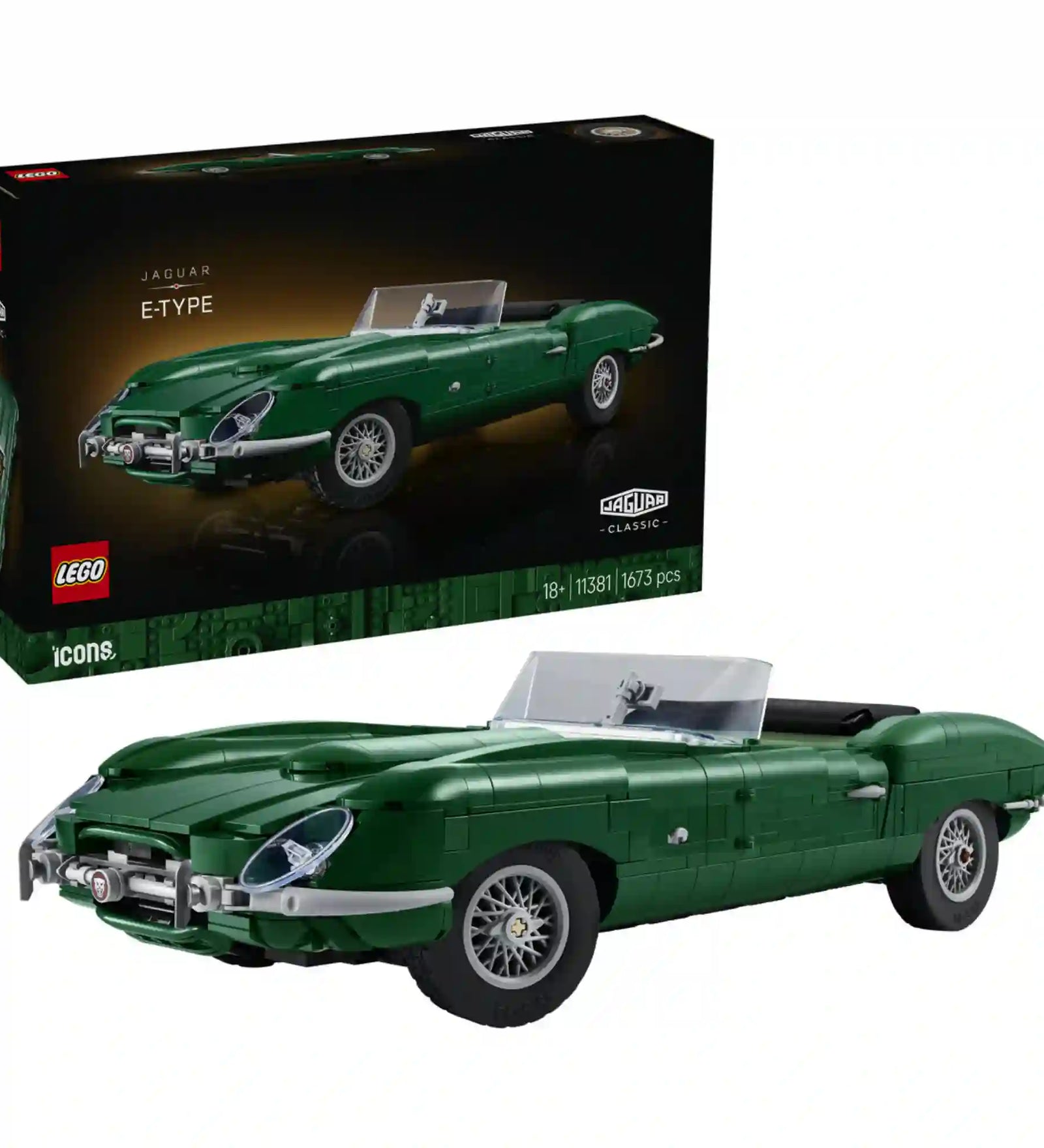 A LEGO Icons Jaguar E-Type 11381 épített autója a készlet dobozával együtt.