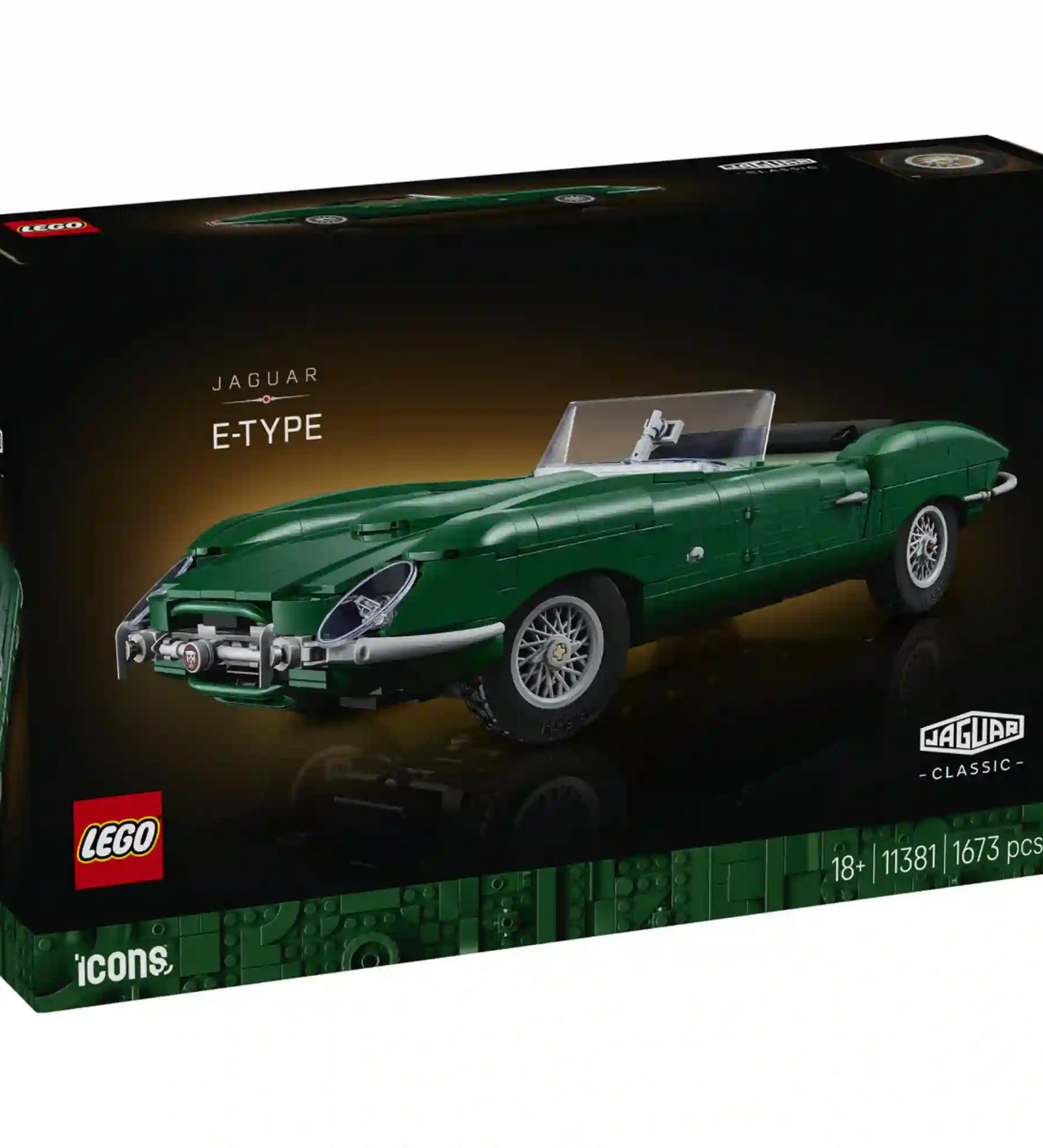 A LEGO Icons Jaguar E-Type 11381 dobozának eleje a klasszikus Jaguar E-Type modellel.